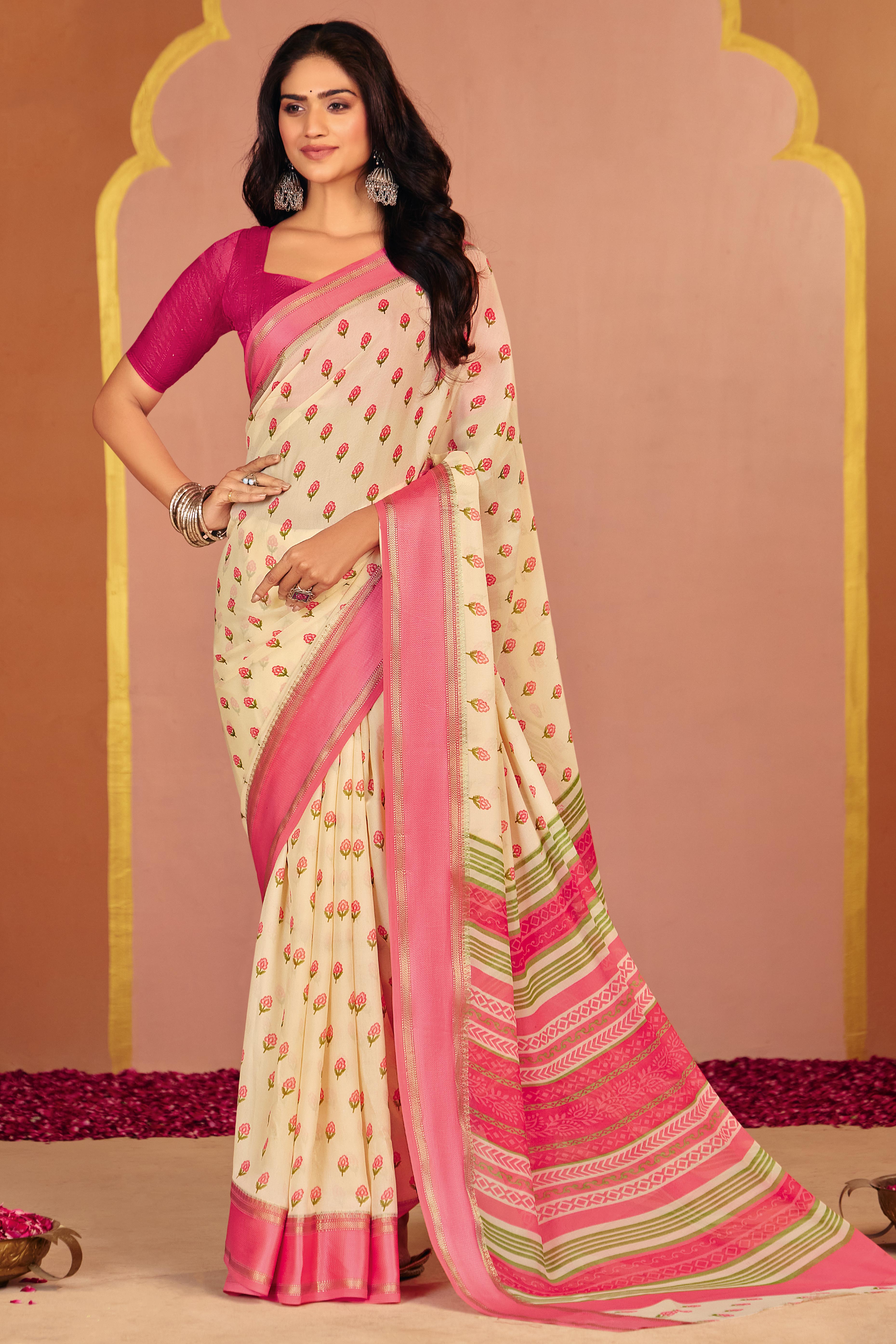 Cream Partywear Georgette Saree with Floral Prints and Refined Woven Border