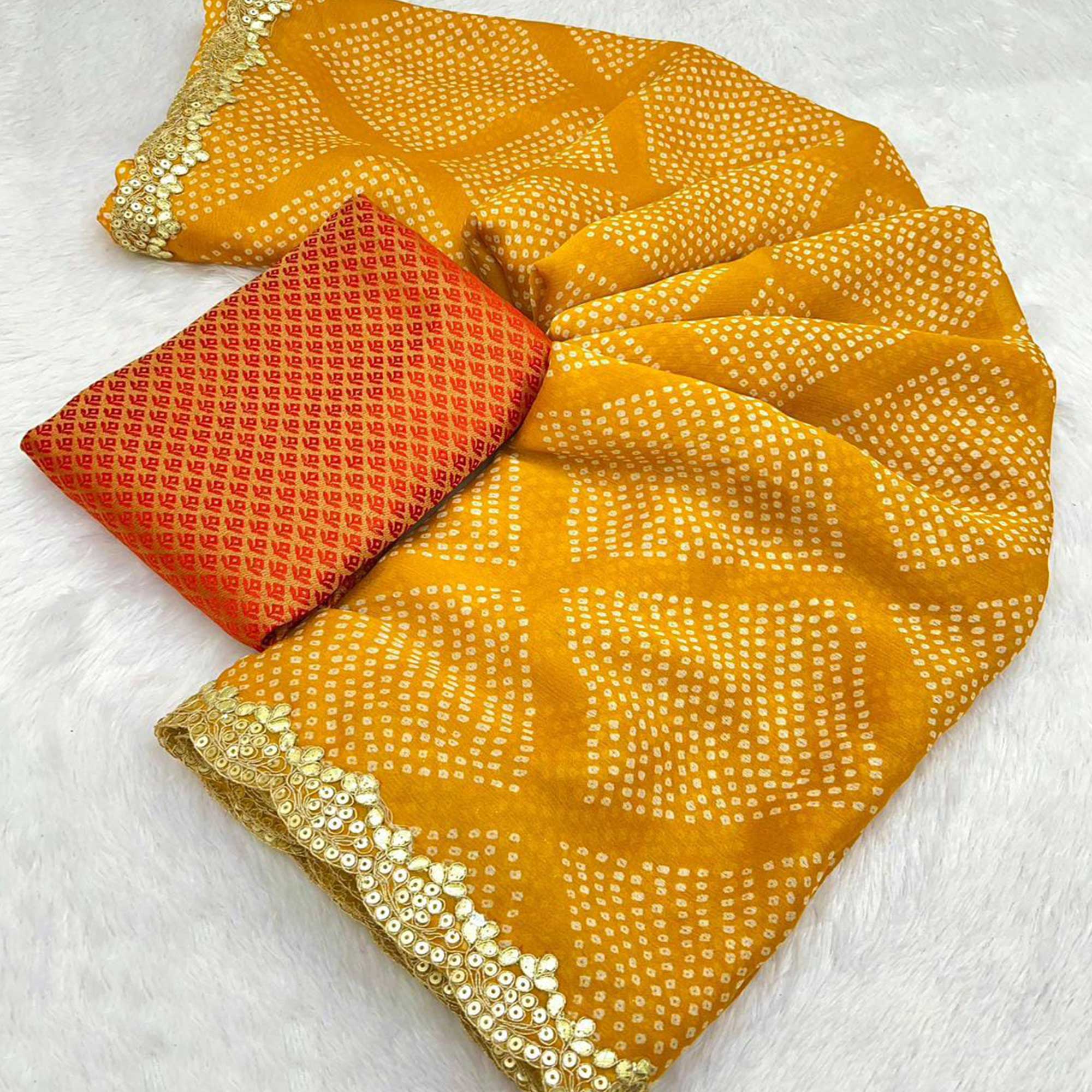 Mustard Bandhani Printed Chiffon Saree With Sequins Embroidered Border