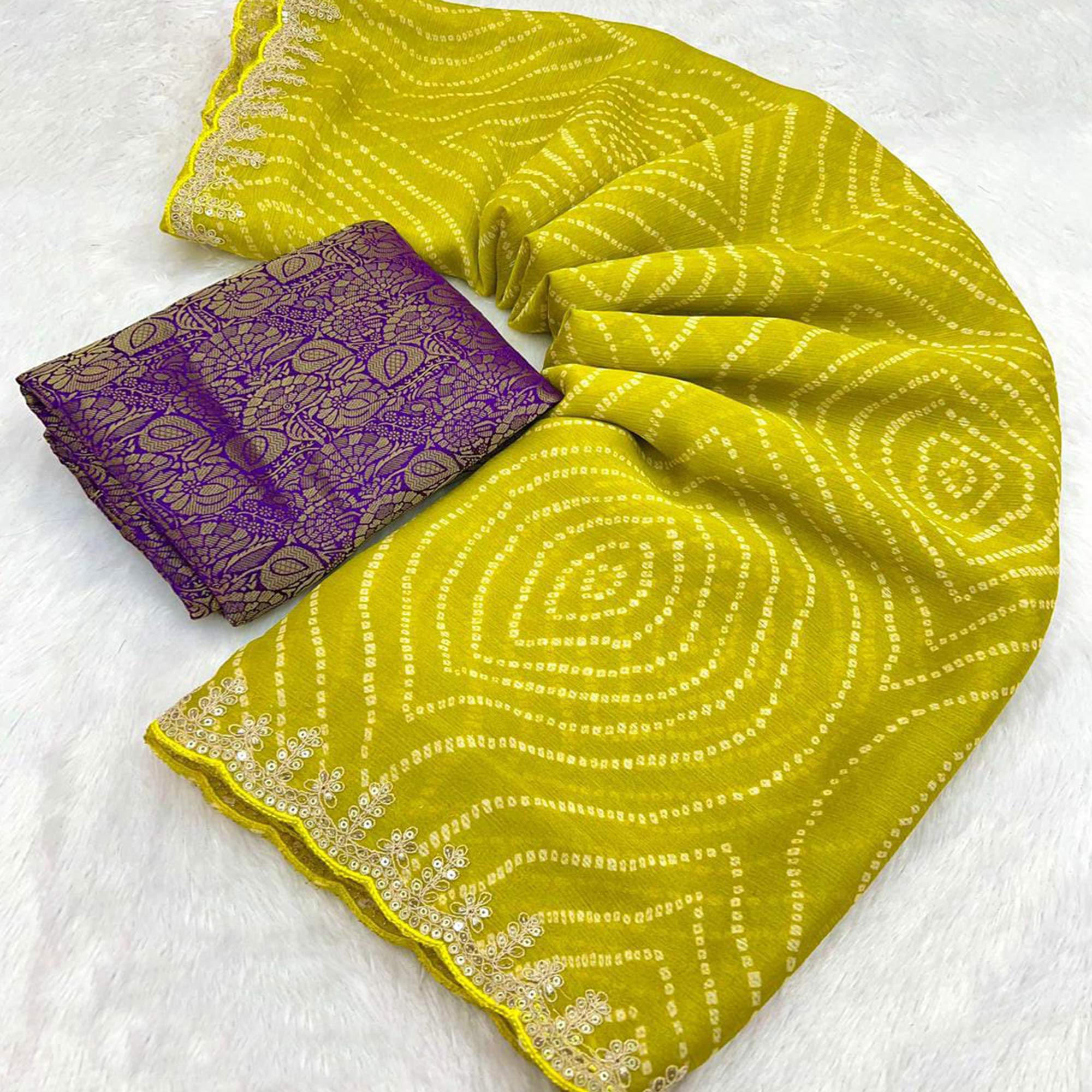 Green Bandhani Printed Chiffon Saree With Sequins Embroidered Border