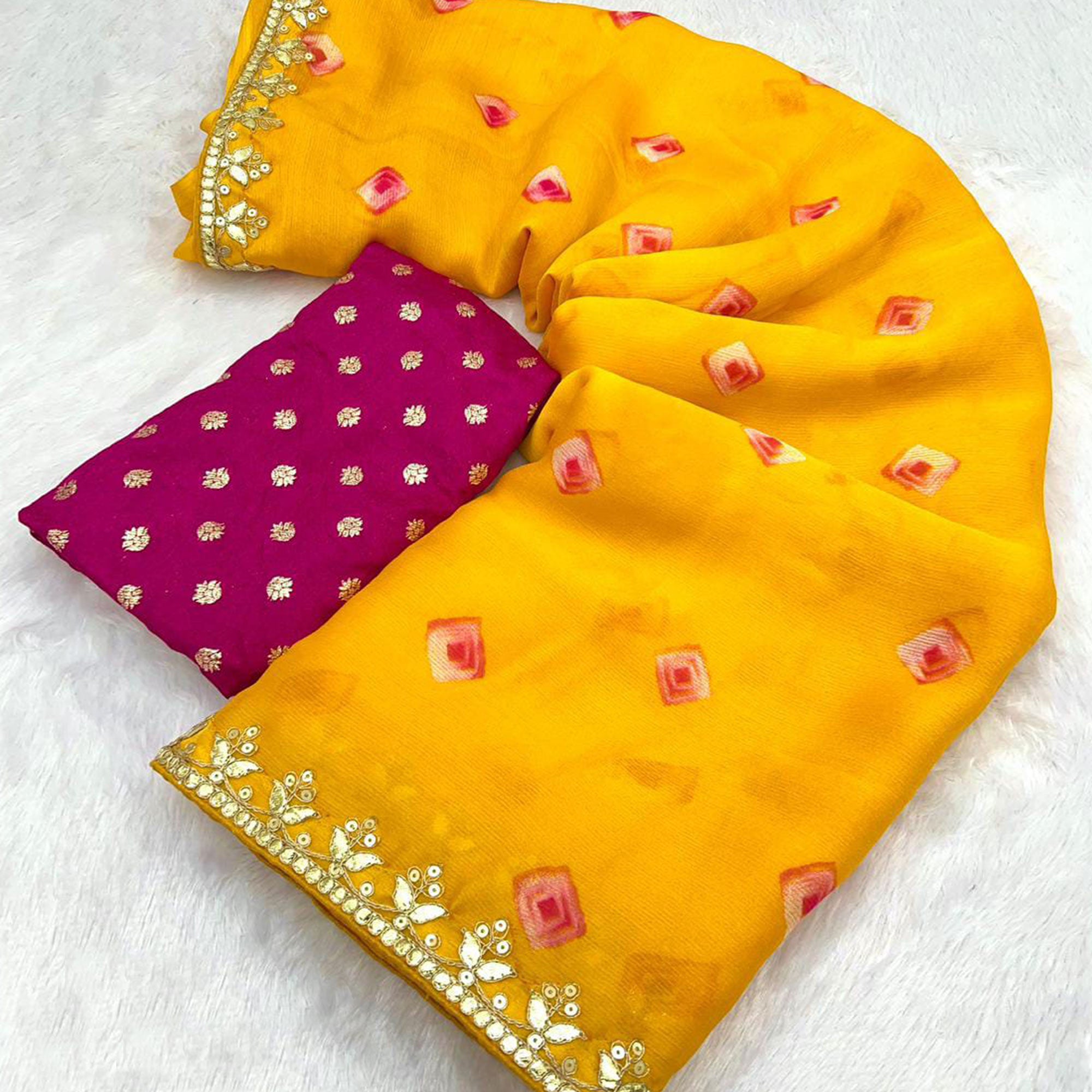 Yellow Bandhani Printed Chiffon Saree With Sequins Embroidered Border