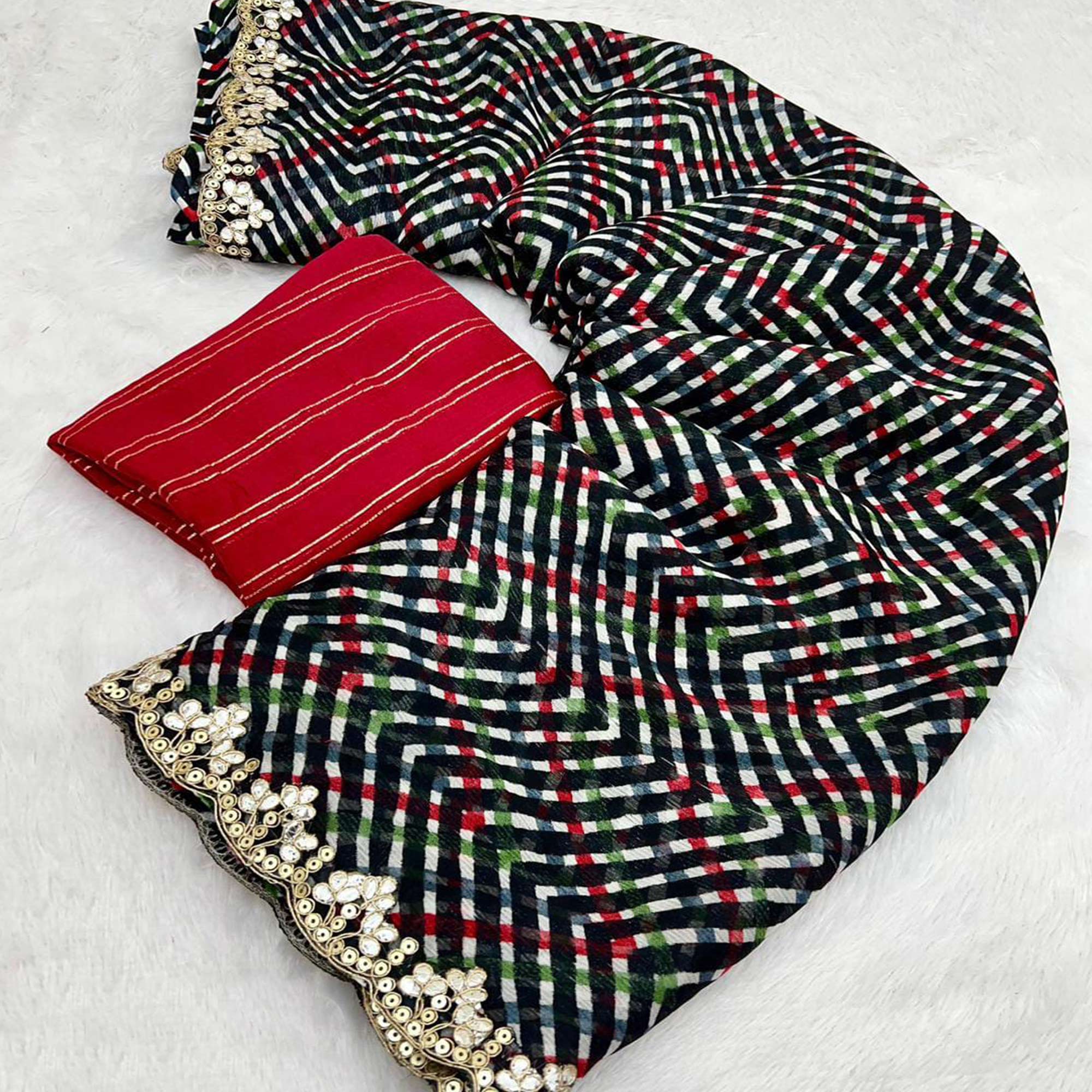 Black Zig Zag Printed Chiffon Saree With Sequins Embroidered Border