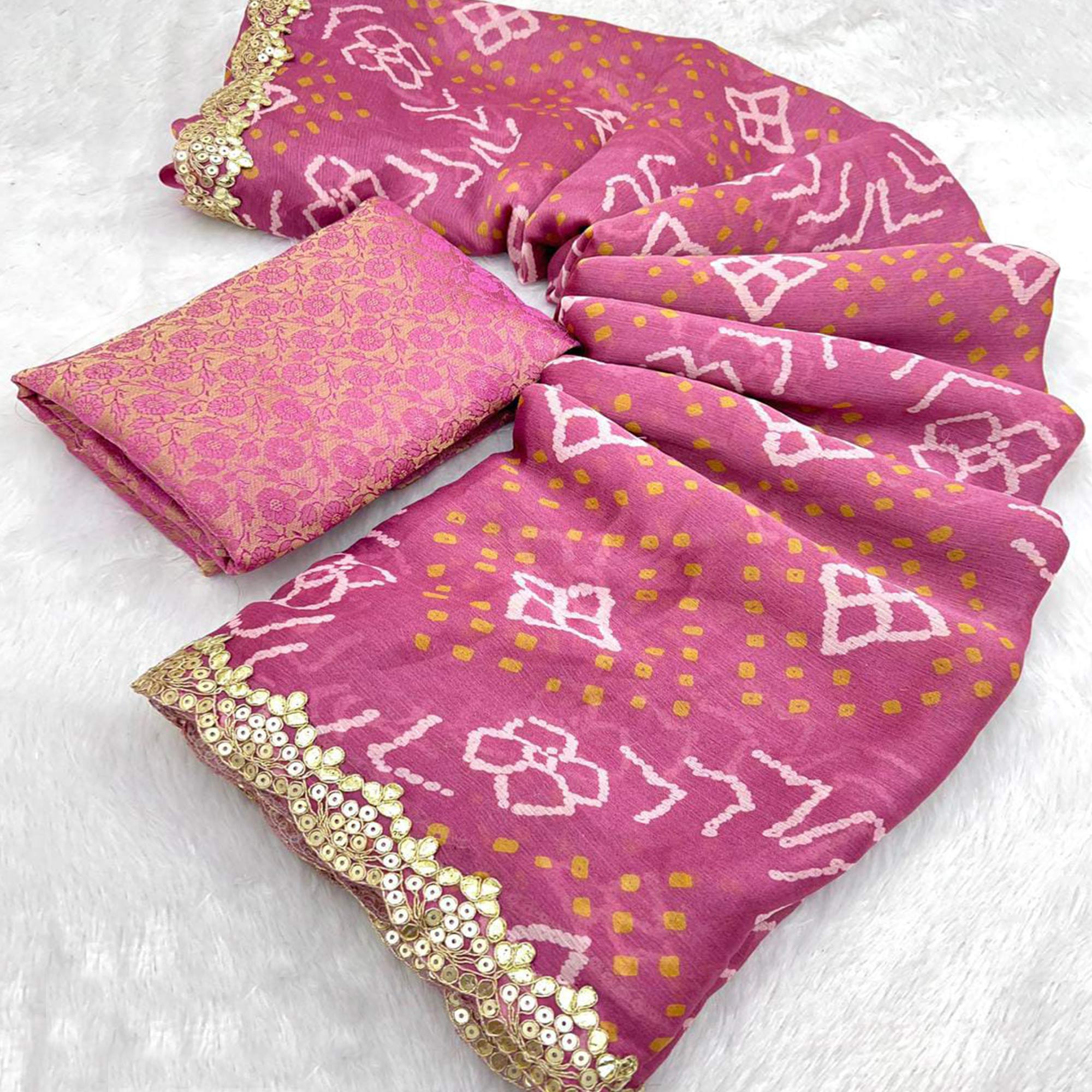 Purple Bandhani Printed Chiffon Saree With Sequins Embroidered Border