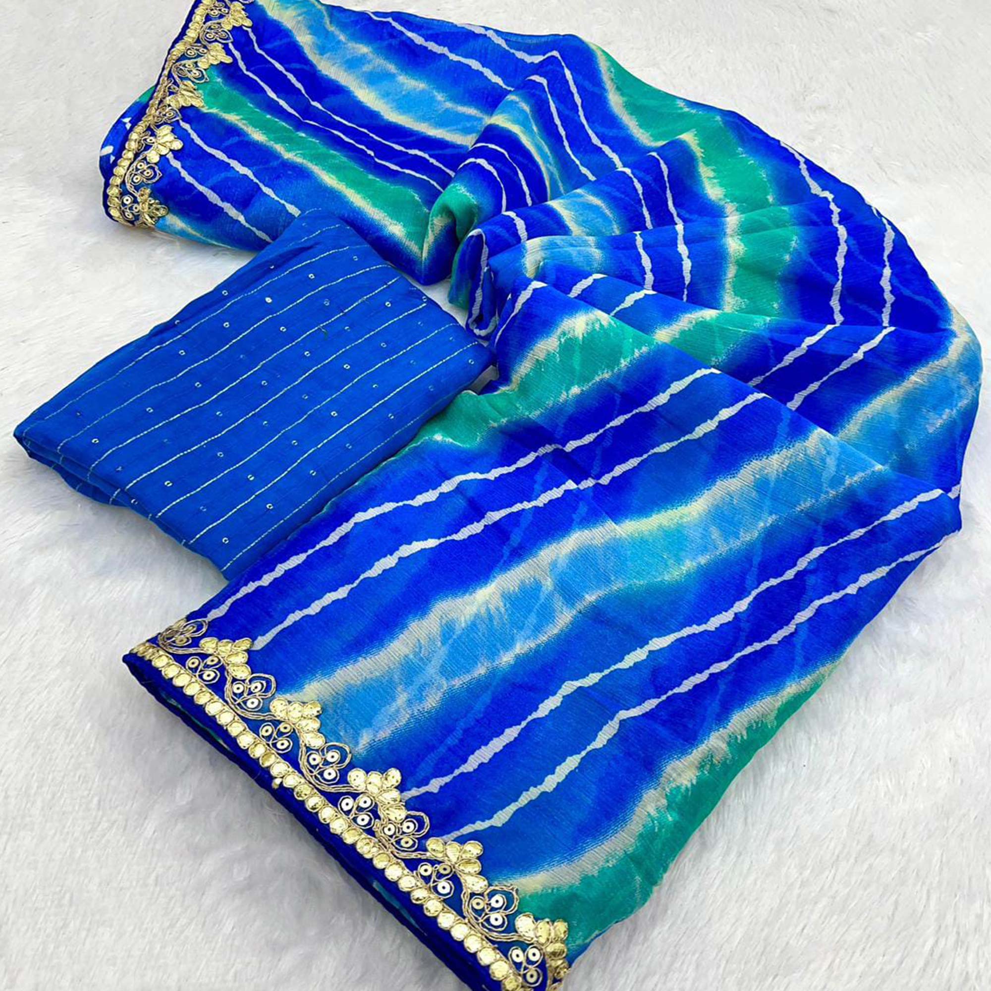 Blue Leheriya Printed Chiffon Saree With Sequins Embroidered Border