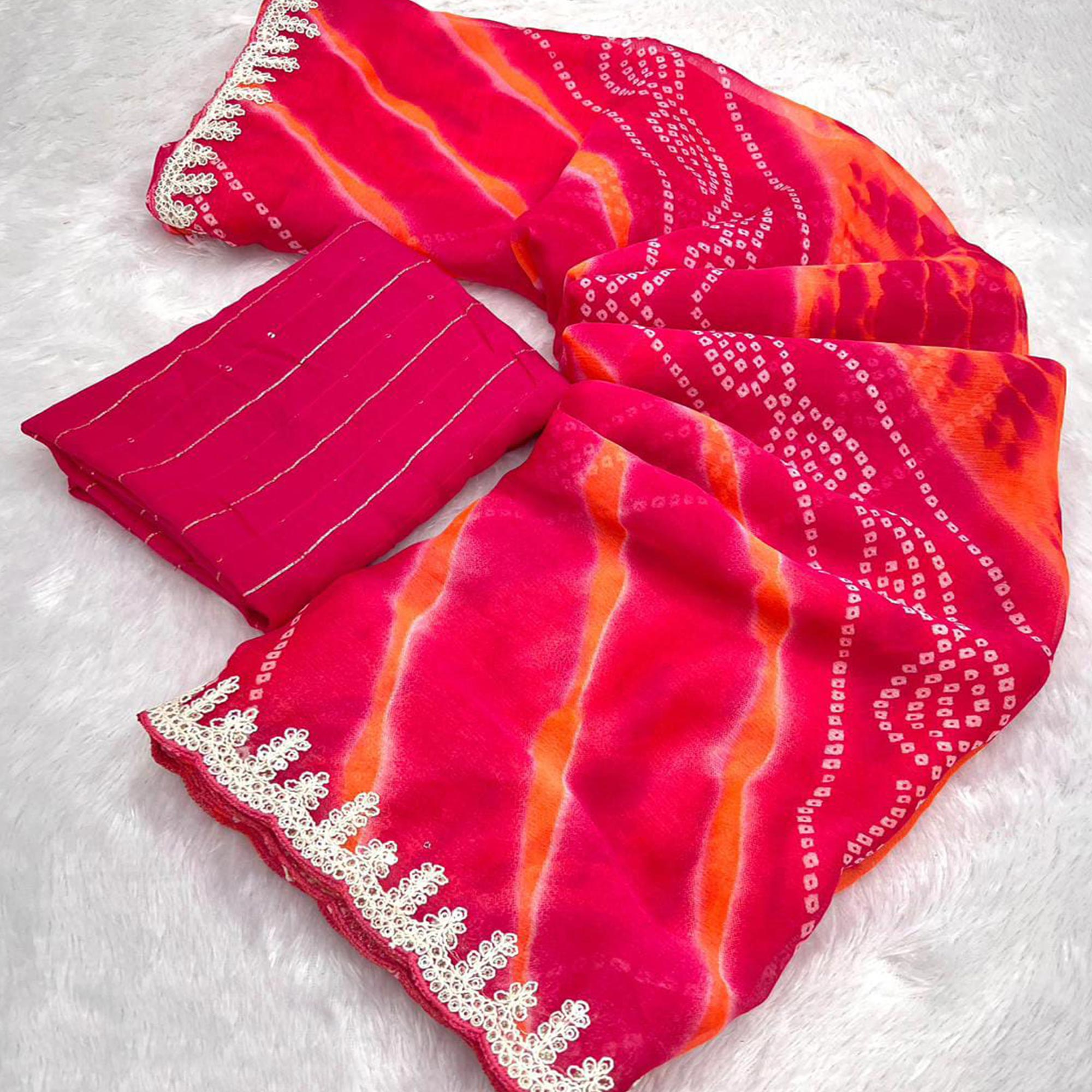 Pink Leheriya Printed Chiffon Saree With Sequins Embroidered Border