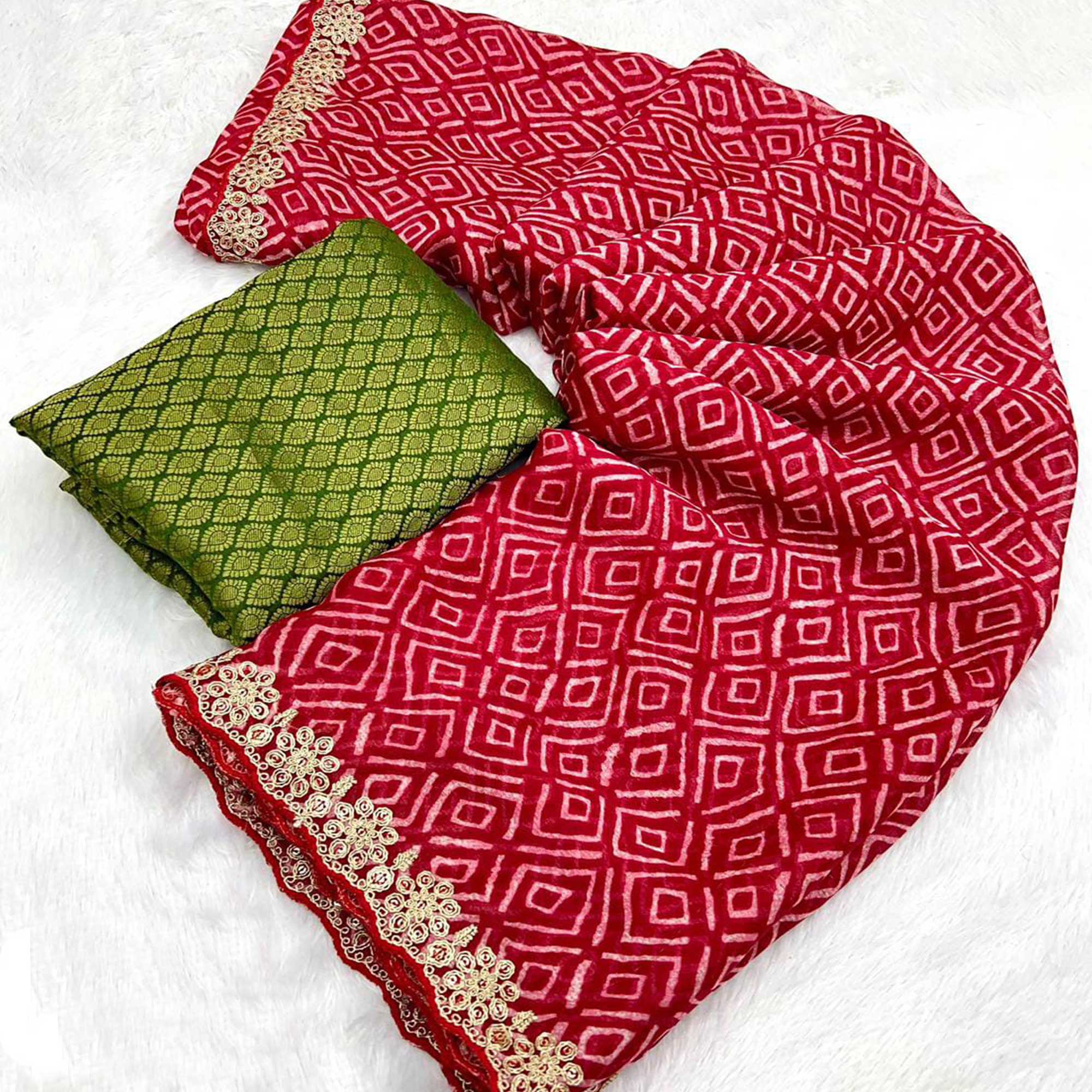 Red Leheriya Printed Chiffon Saree With Sequins Embroidered Border