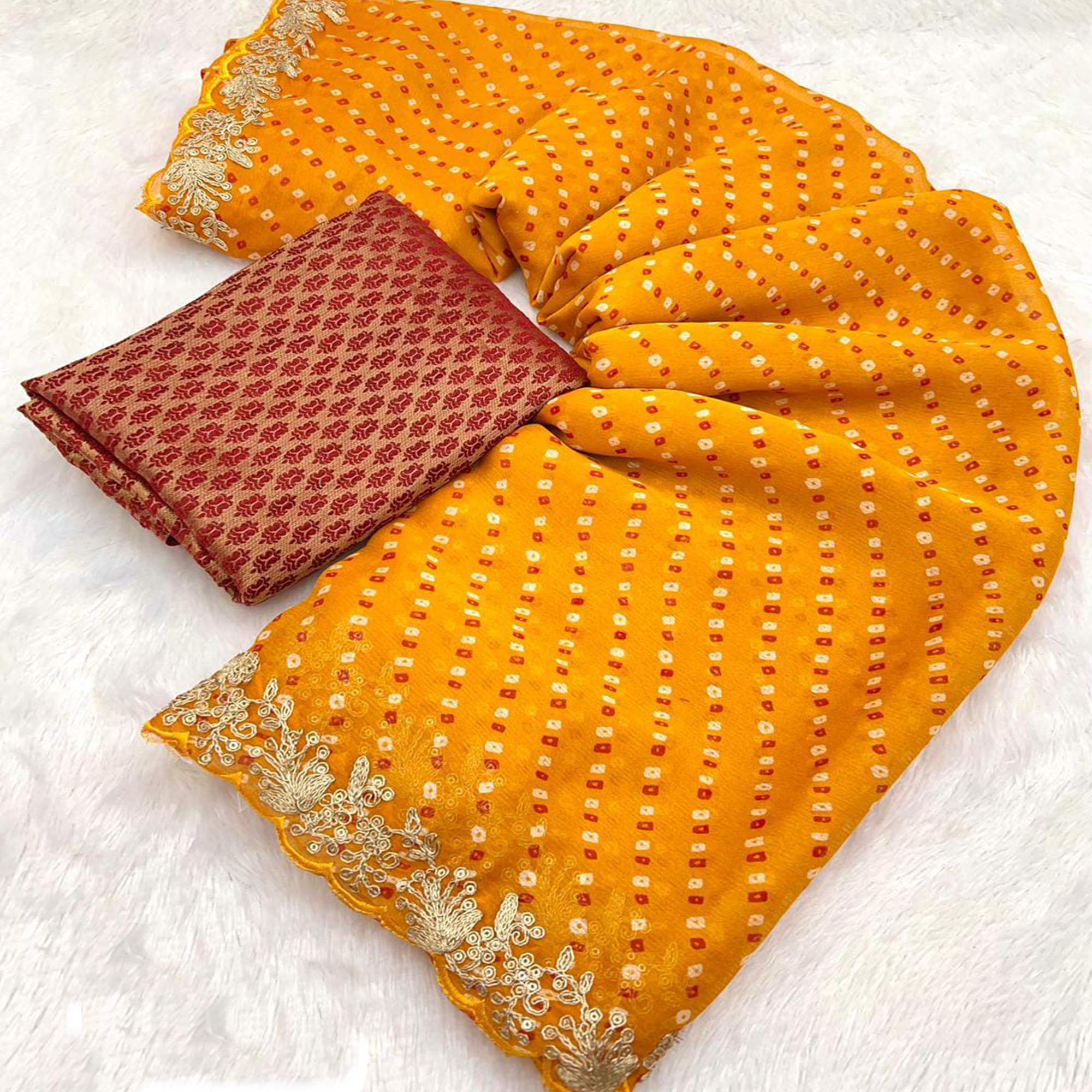Mustard Bandhani Printed Chiffon Saree With Sequins Embroidered Border