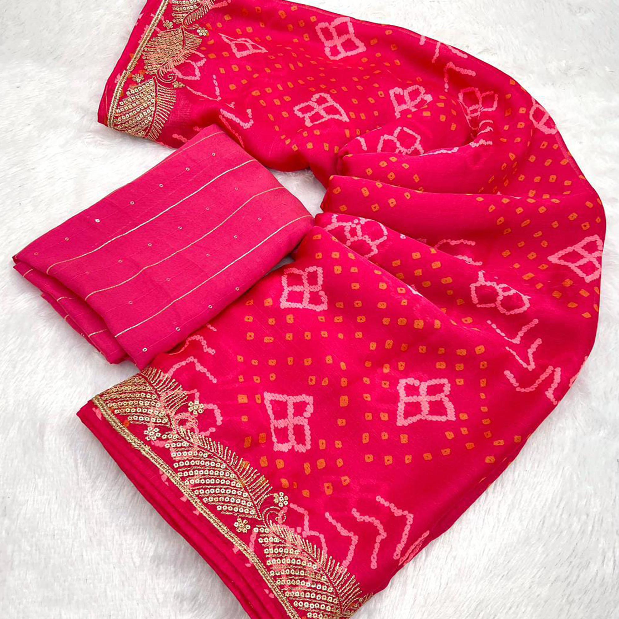 Pink Bandhani Printed Chiffon Saree With Sequins Embroidered Border