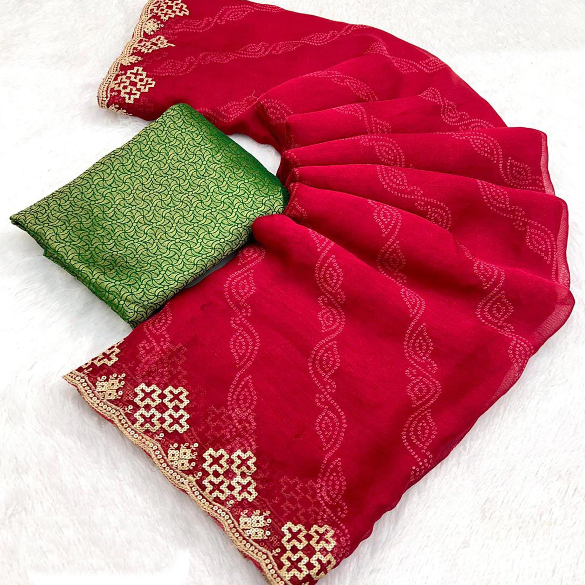 Pink Bandhani Printed Chiffon Saree With Sequins Embroidered Border
