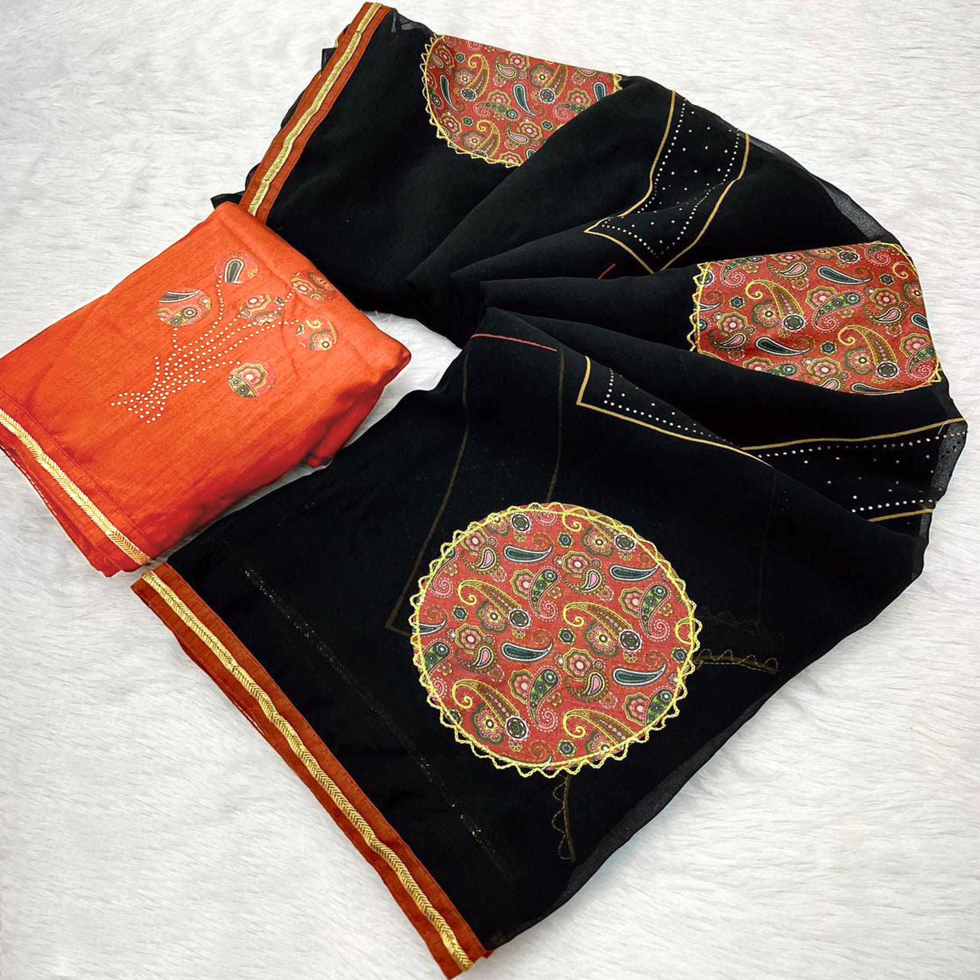 Black Georgette Saree with Paisley Patchwork Detailing