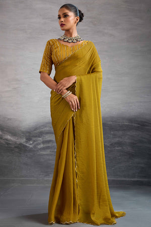 Mustard Solid Organza Jimmy Choo Saree Accentuated With Elegant Cutwork Border Detailing