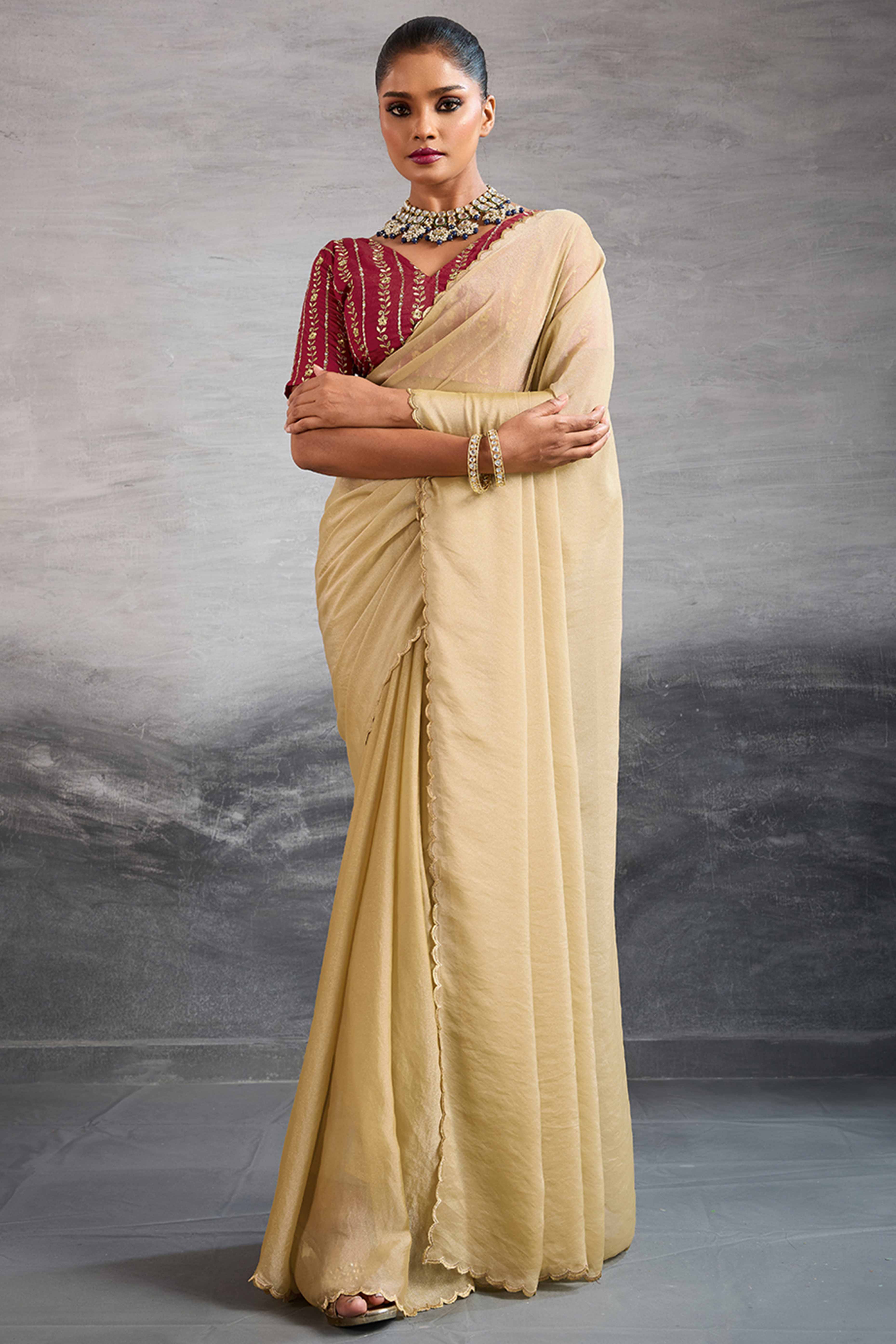 Cream Solid Organza Jimmy Choo Saree Accentuated With Elegant Cutwork Border Detailing