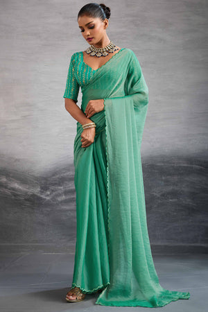 Green Solid Organza Jimmy Choo Saree Accentuated With Elegant Cutwork Border Detailing