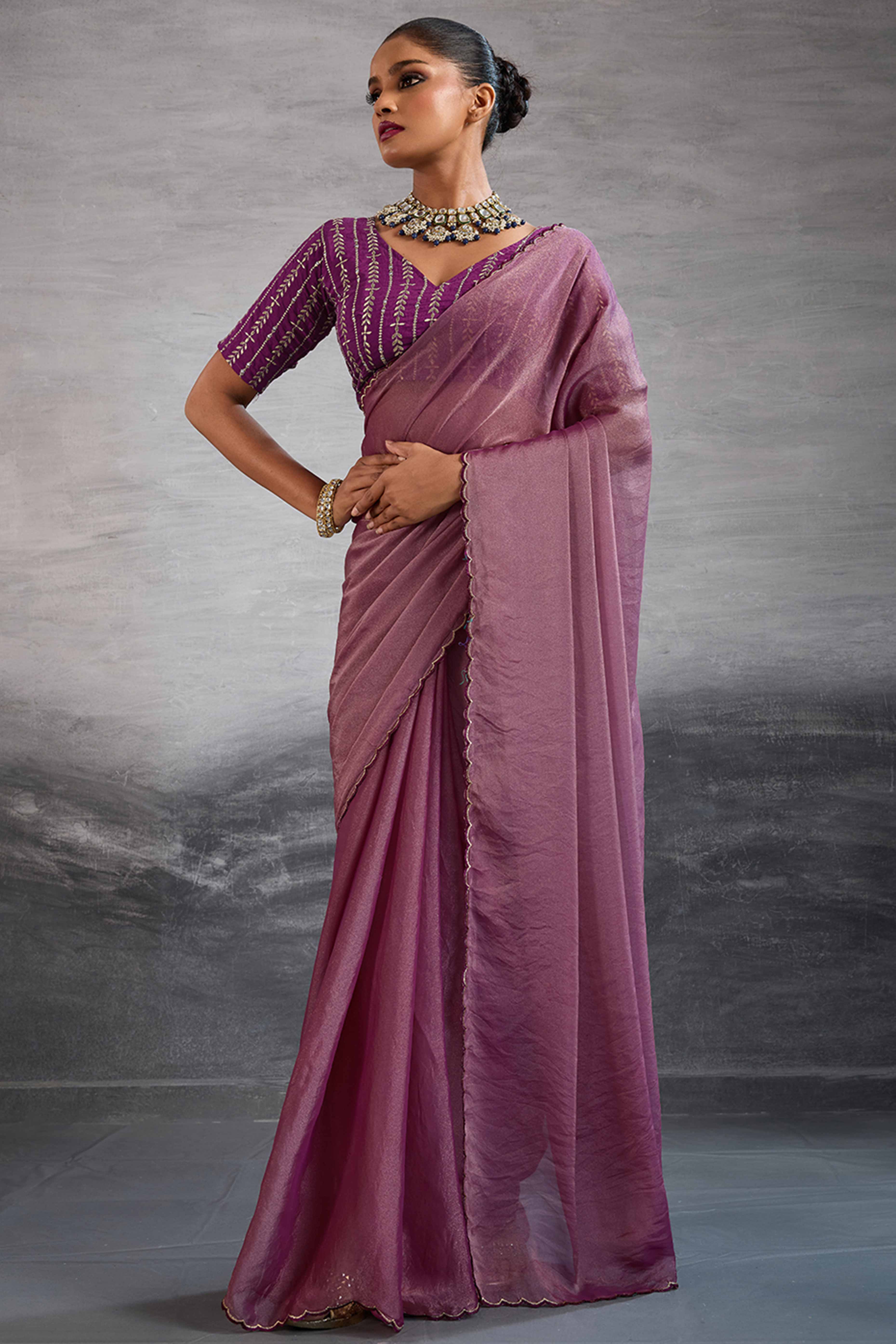 Wine Solid Organza Jimmy Choo Saree Accentuated With Elegant Cutwork Border Detailing