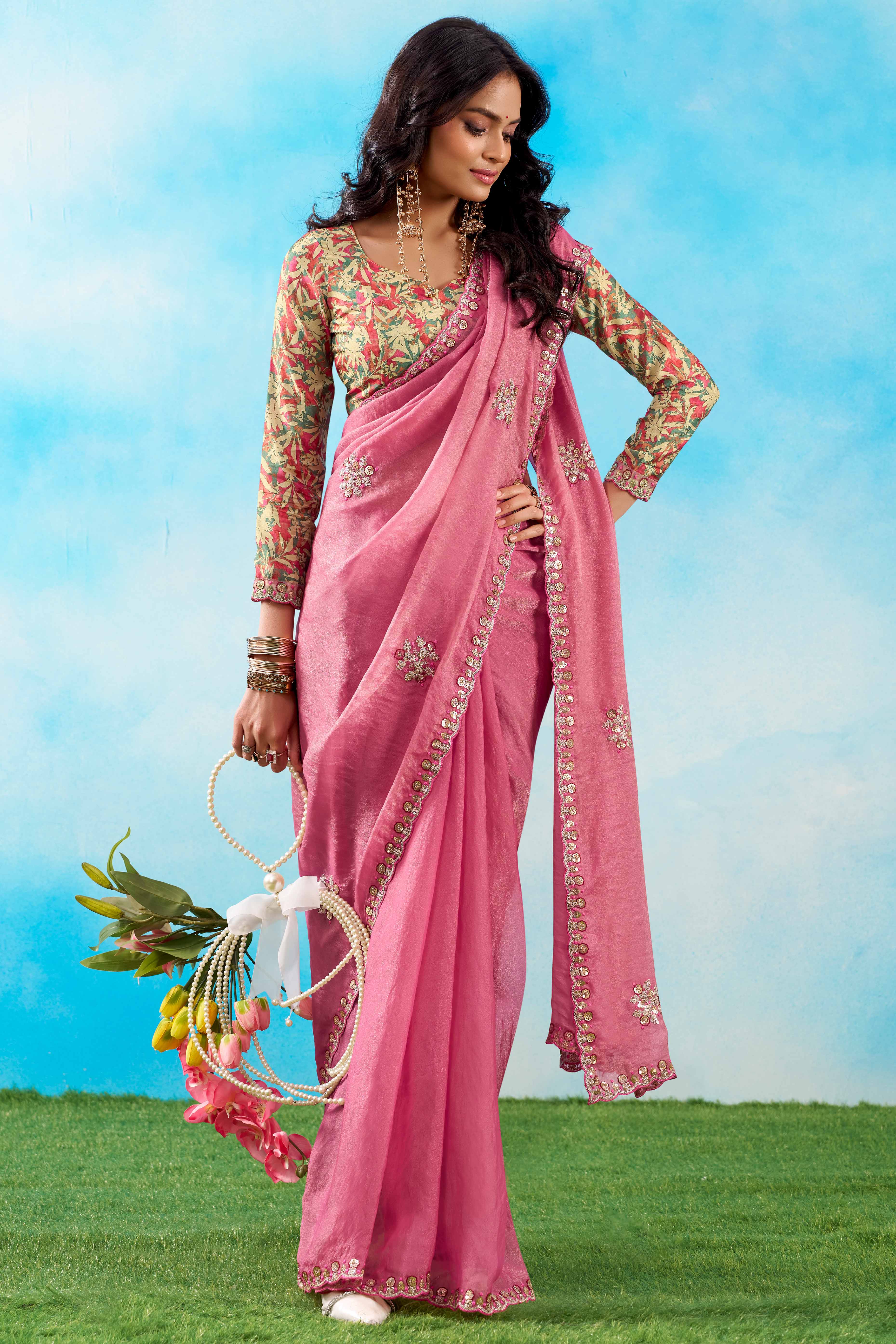 Luxurious Baby Pink Chiffon Saree Showcasing Floral Sequins Embroidery In A Two Tone Finish