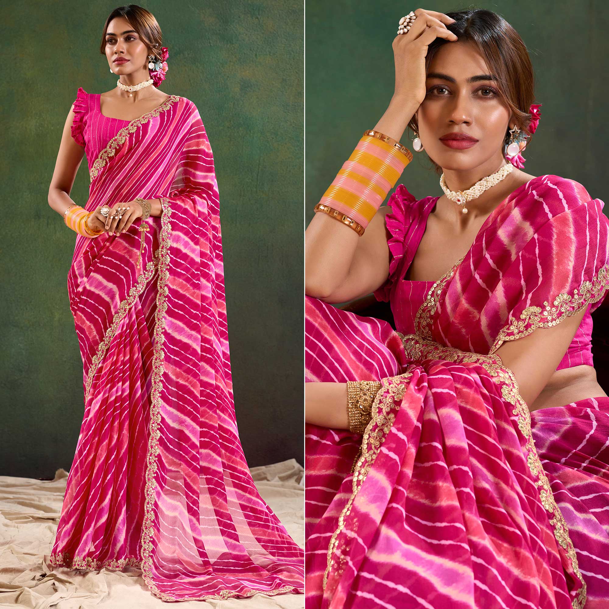 Pink Printed Chiffon Saree With Sequins Border