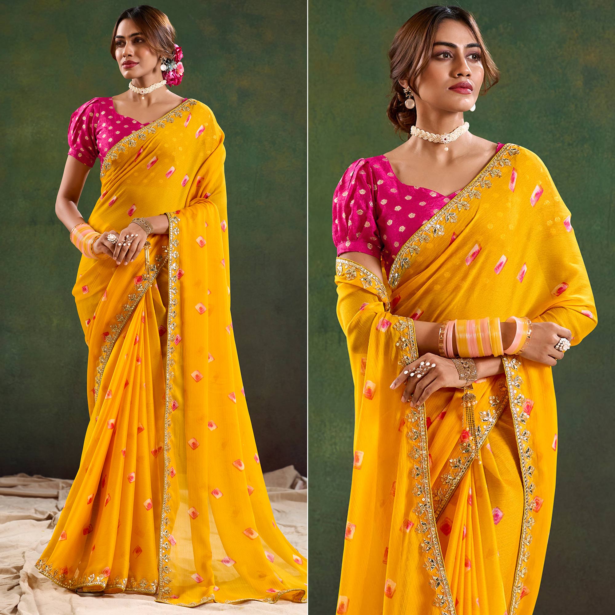 Yellow Printed Chiffon Saree With Sequins Border