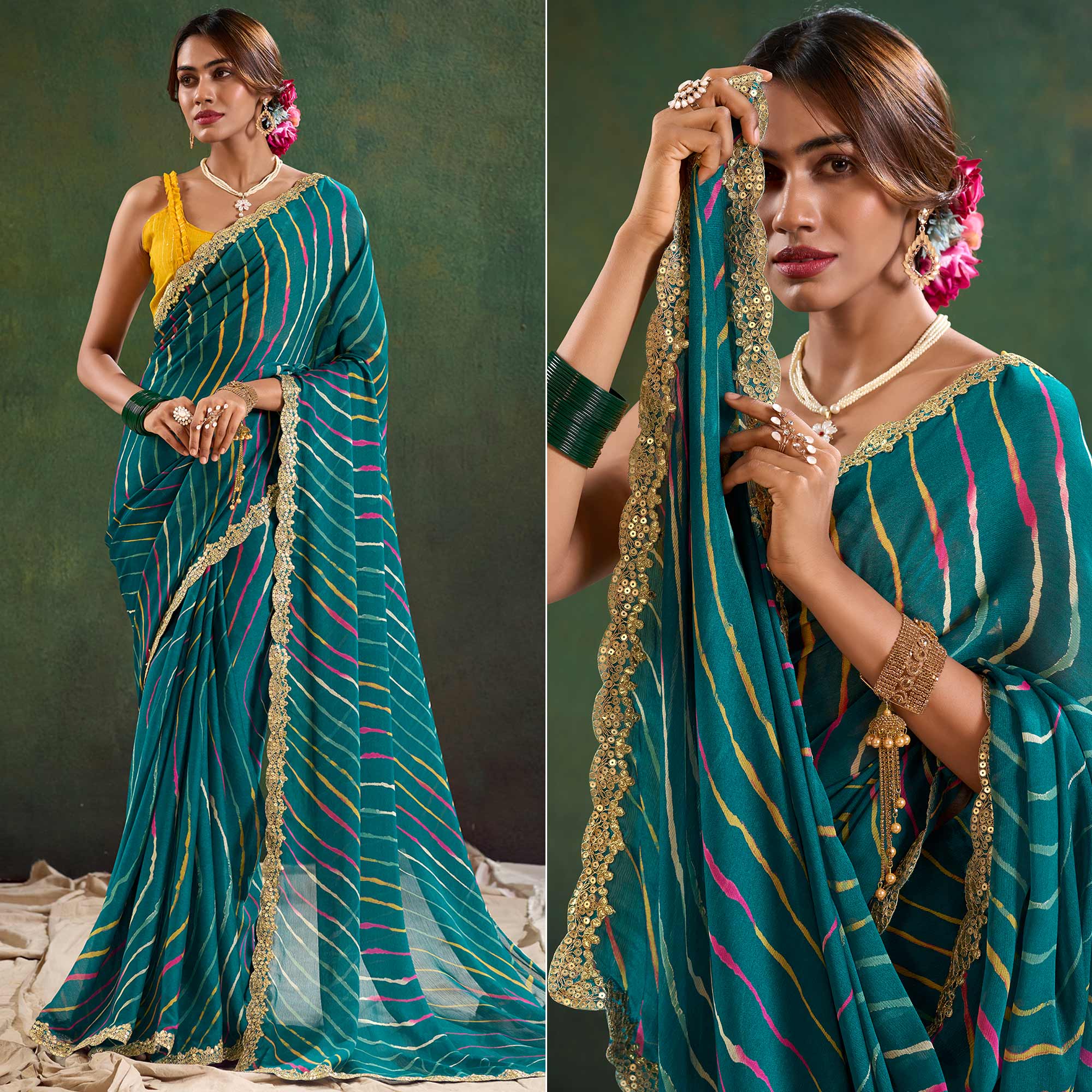 Morpich Green Printed Chiffon Saree With Sequins Border