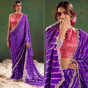 Violet Printed Chiffon Saree With Sequins Border