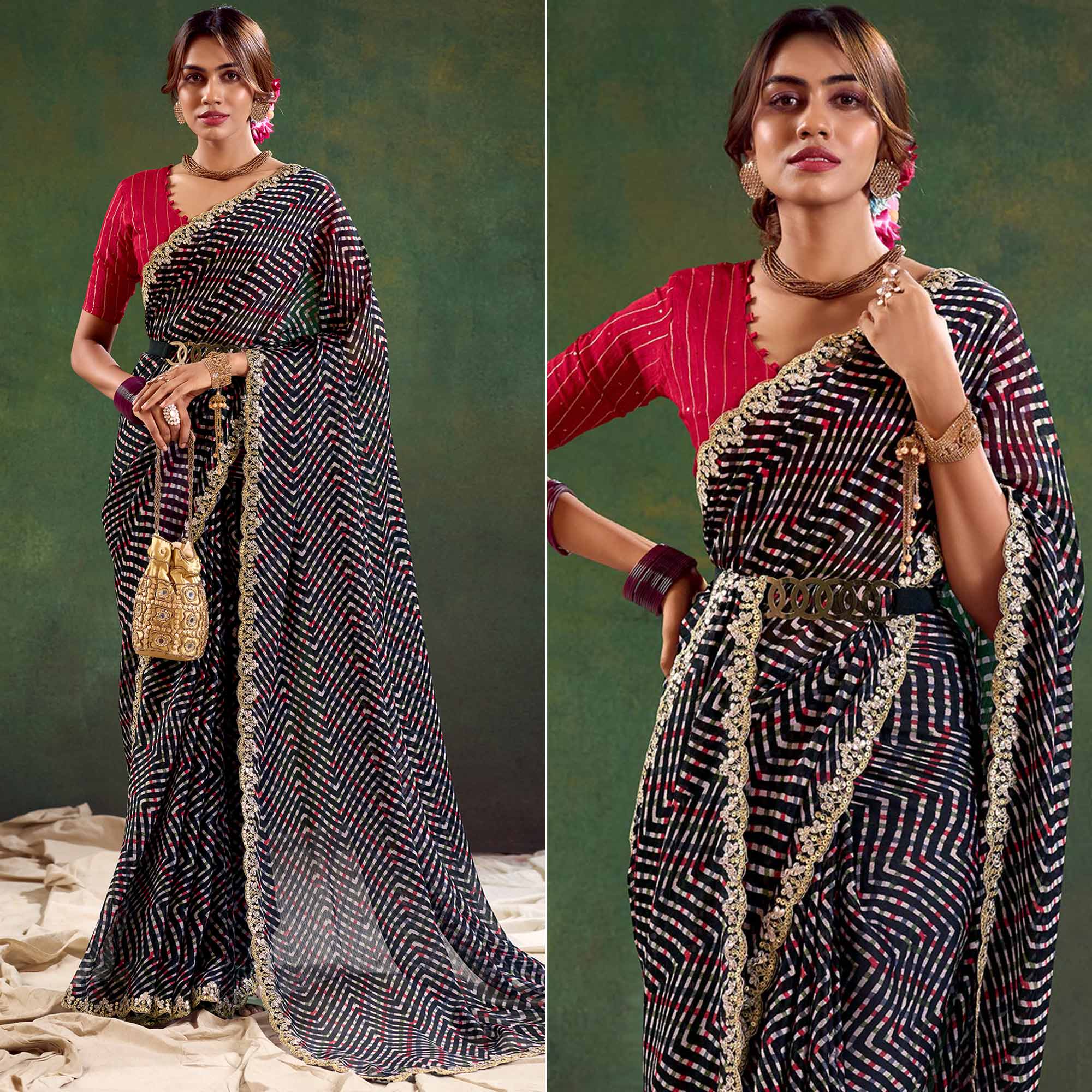 Black Printed Chiffon Saree With Sequins Border