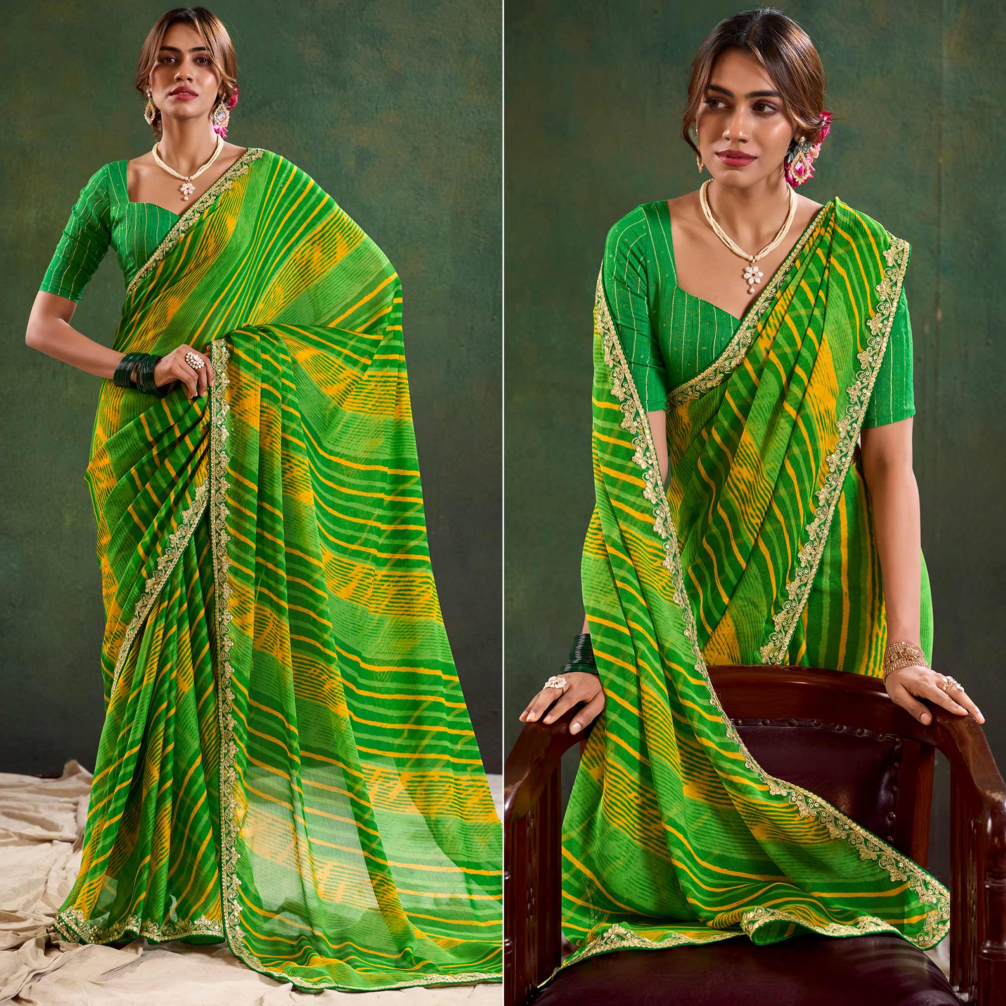 Green Printed Chiffon Saree With Sequins Border