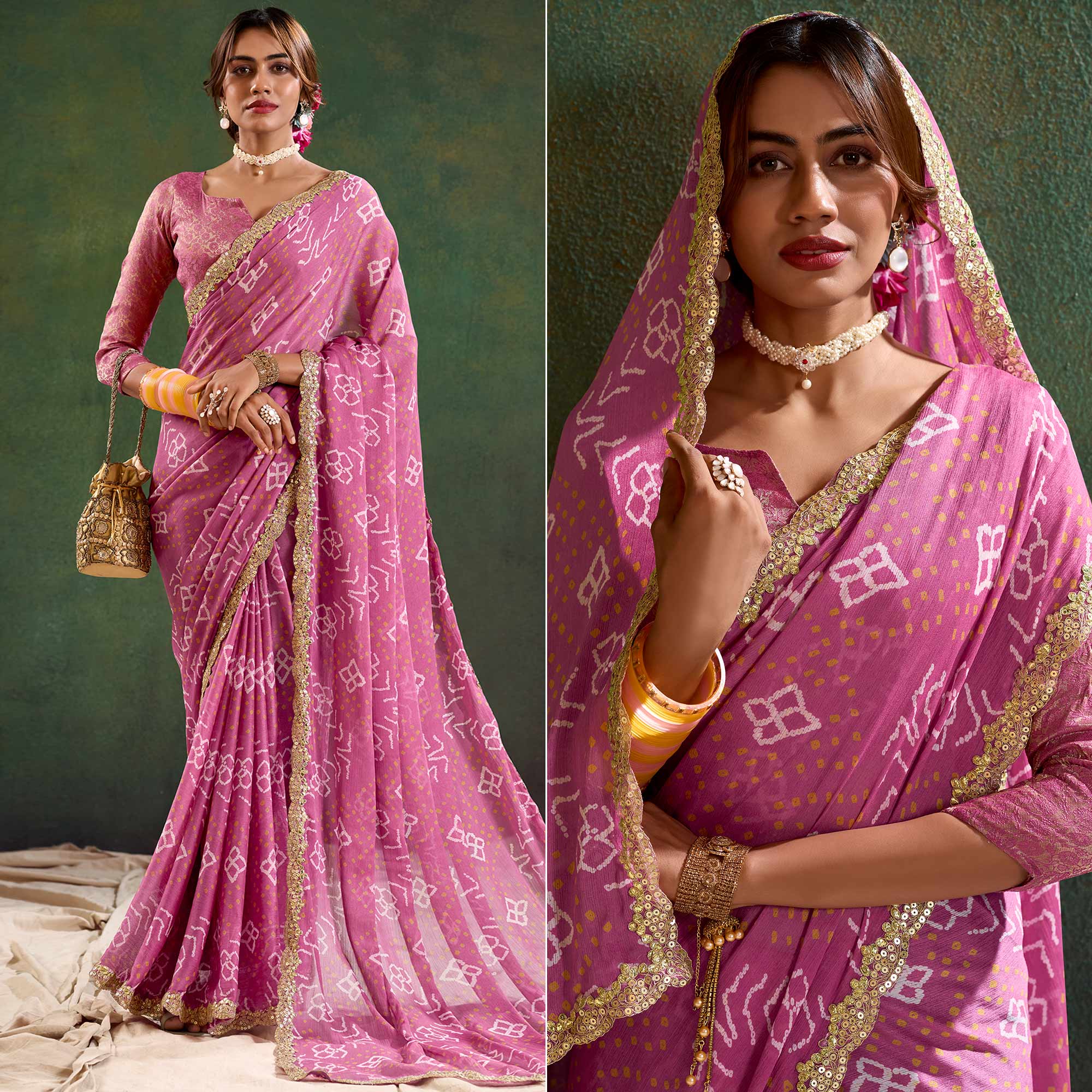 Dusty Magenta Printed Chiffon Saree With Sequins Border