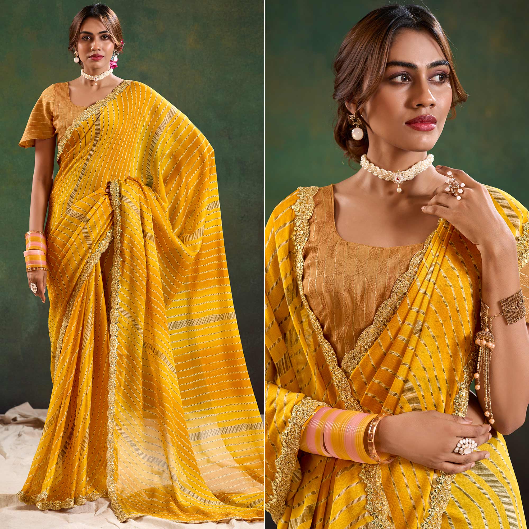 Mustard Printed Chiffon Saree With Sequins Border