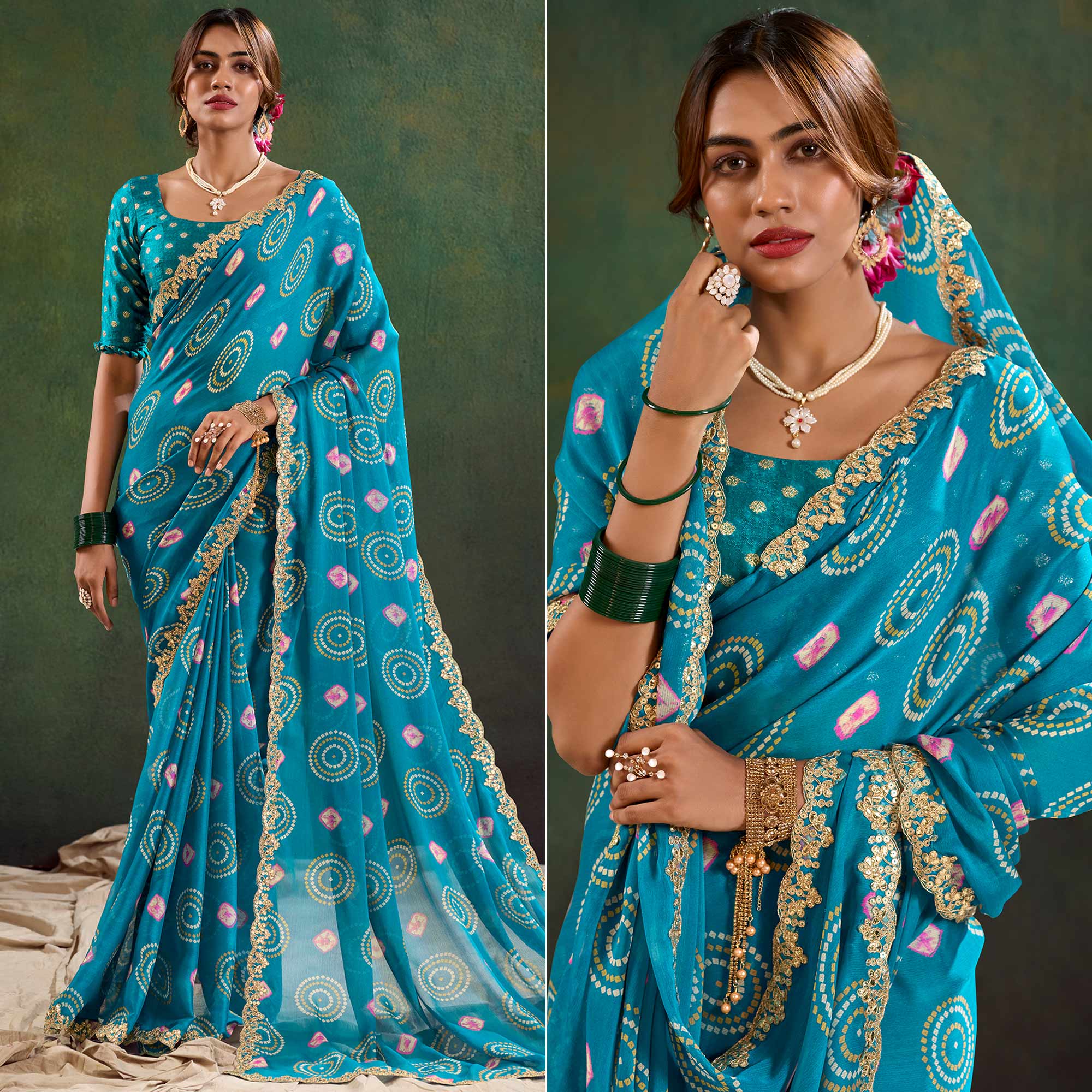 Teal Printed Chiffon Saree With Sequins Border