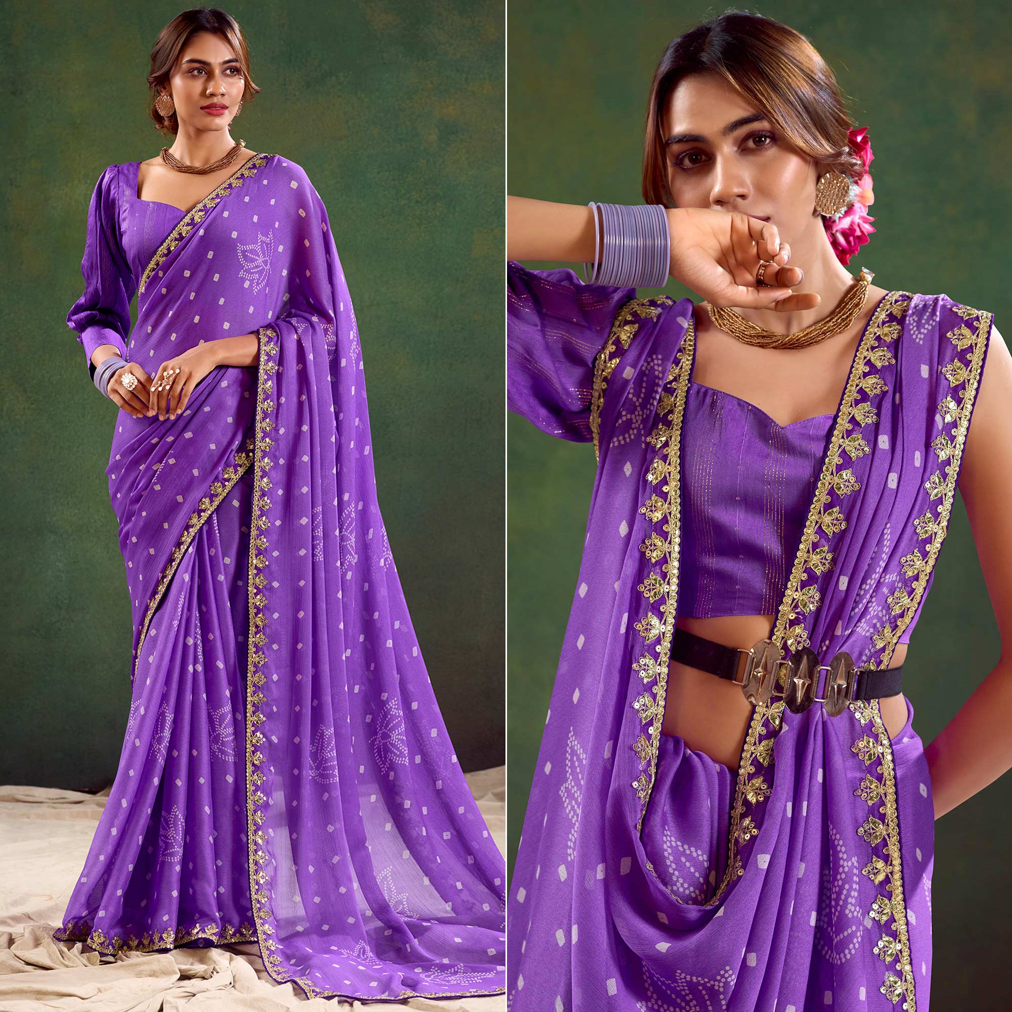 Violet Printed Chiffon Saree With Sequins Border