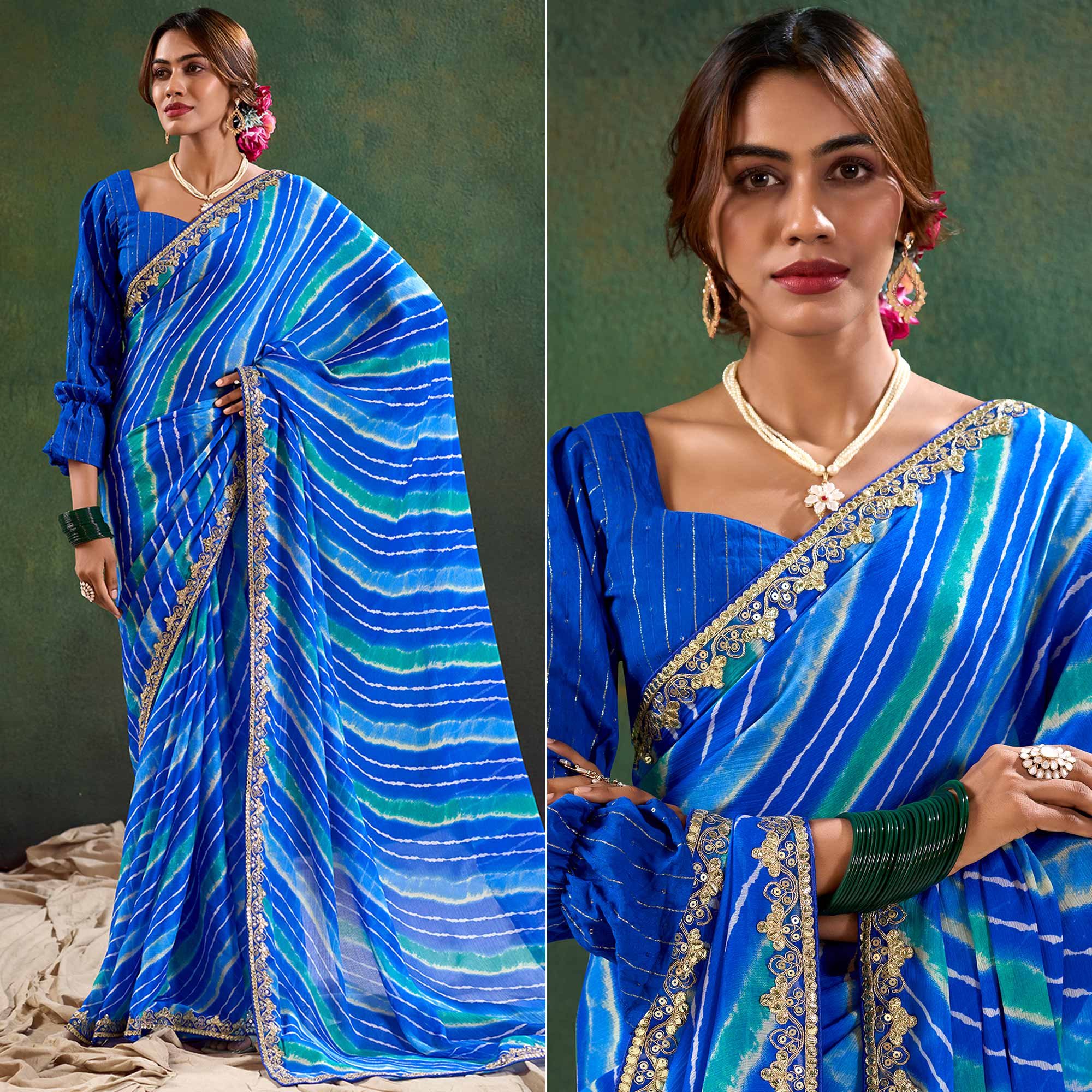 Blue Printed Chiffon Saree With Sequins Border