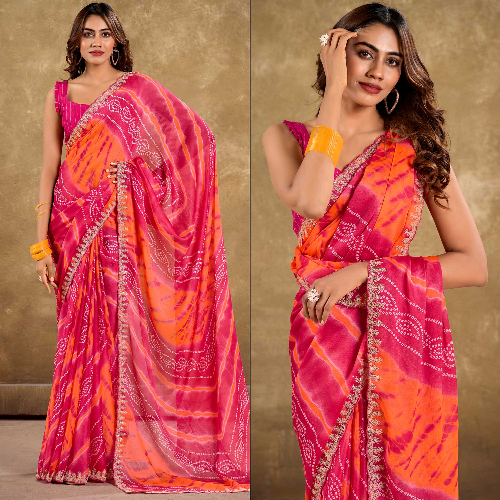 Pink & Orange Printed Chiffon Saree With Sequins Border