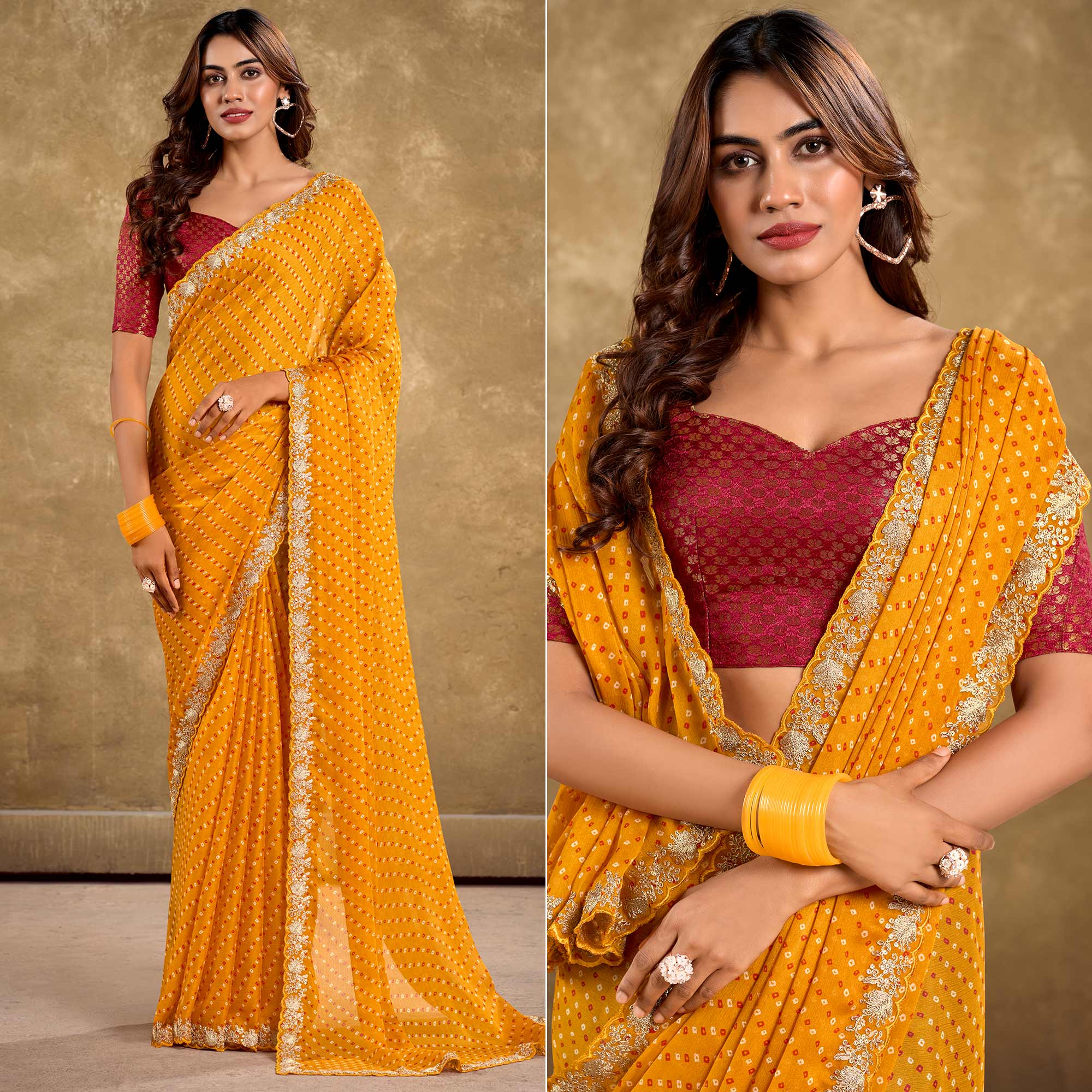 Mustard Printed Chiffon Saree With Sequins Border