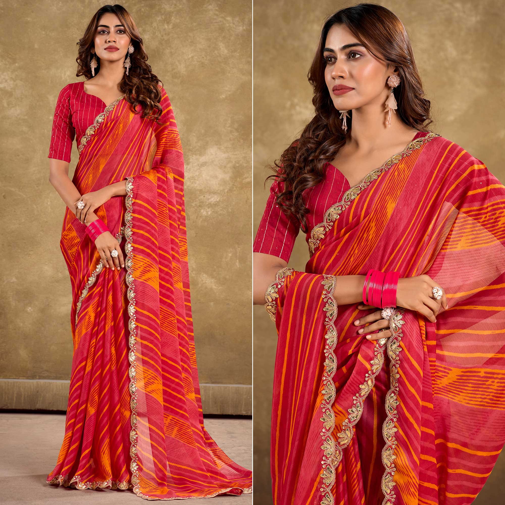 Gajri Pink Printed Chiffon Saree With Sequins Border