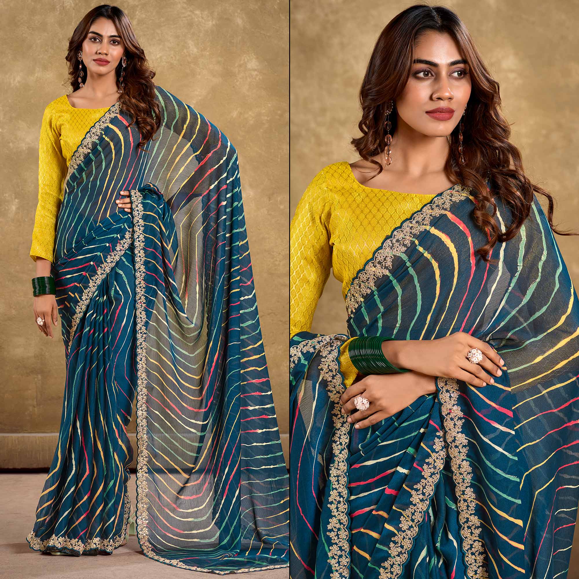 Morpich Blue Printed Chiffon Saree With Sequins Border