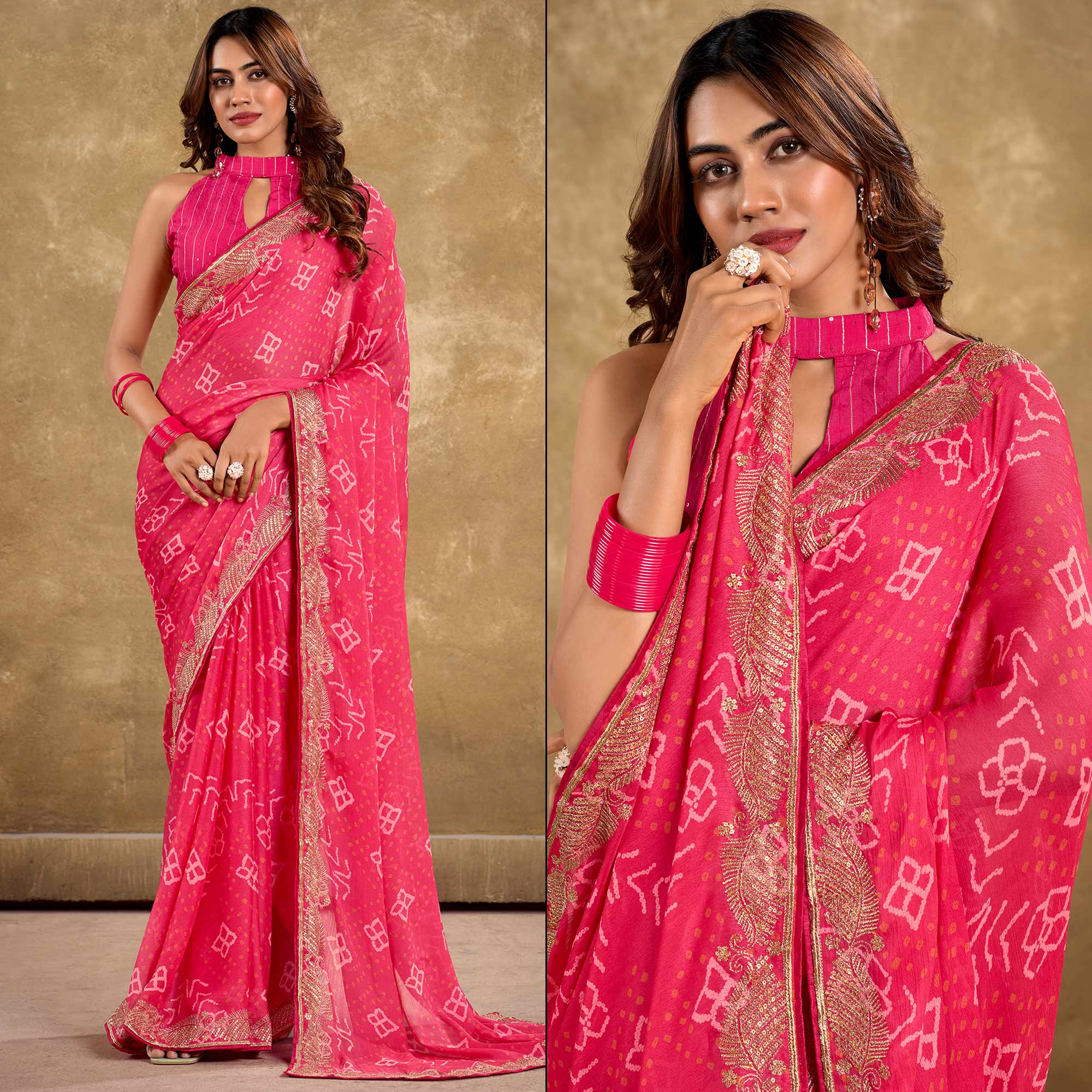 Pink Printed Chiffon Saree With Sequins Border