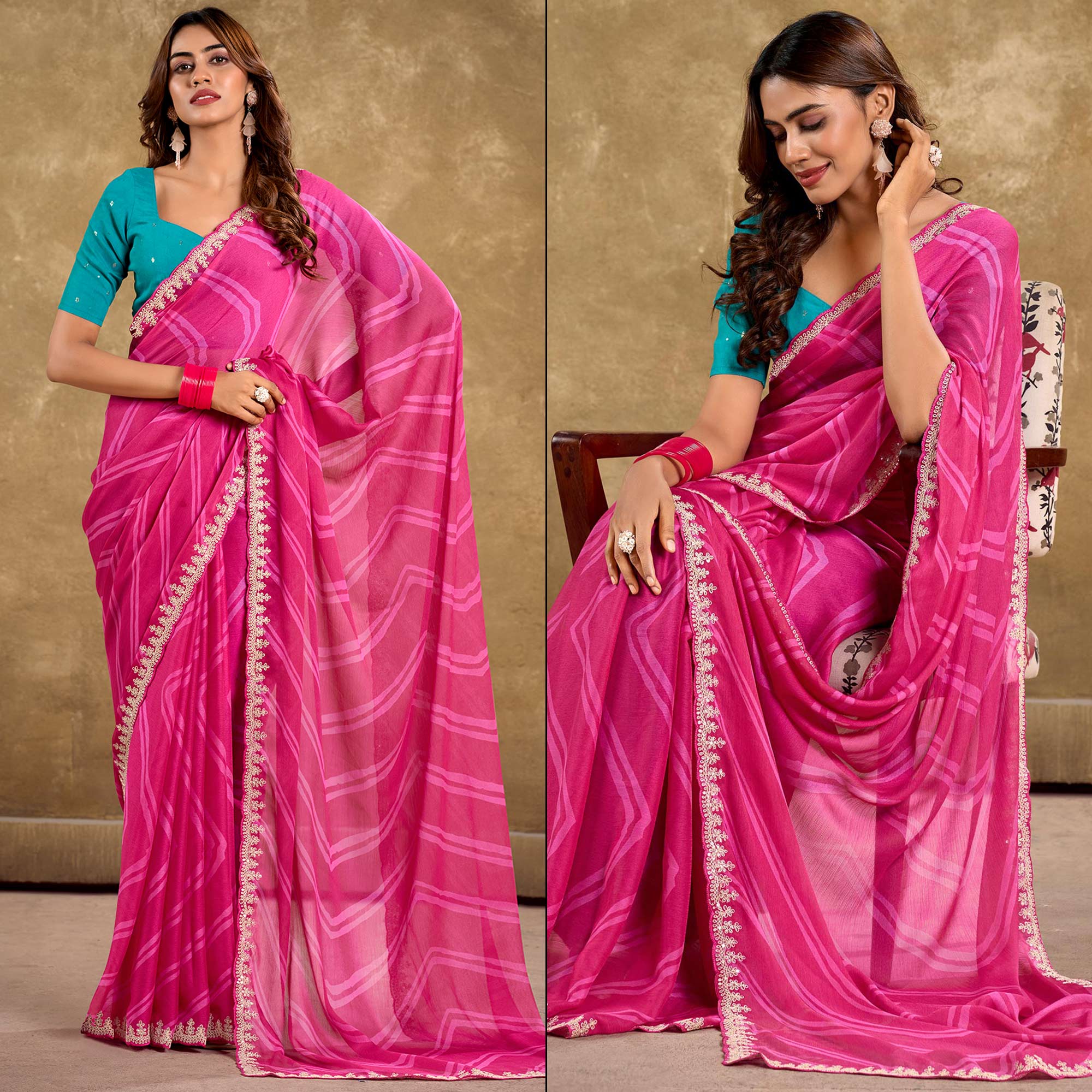 Pink Printed Chiffon Saree With Sequins Border