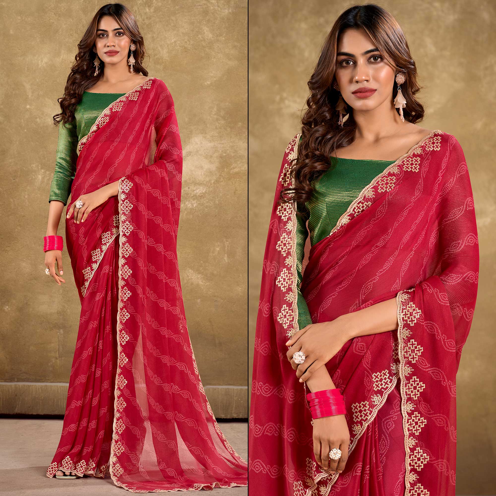 Cherry Pink Printed Chiffon Saree With Sequins Border