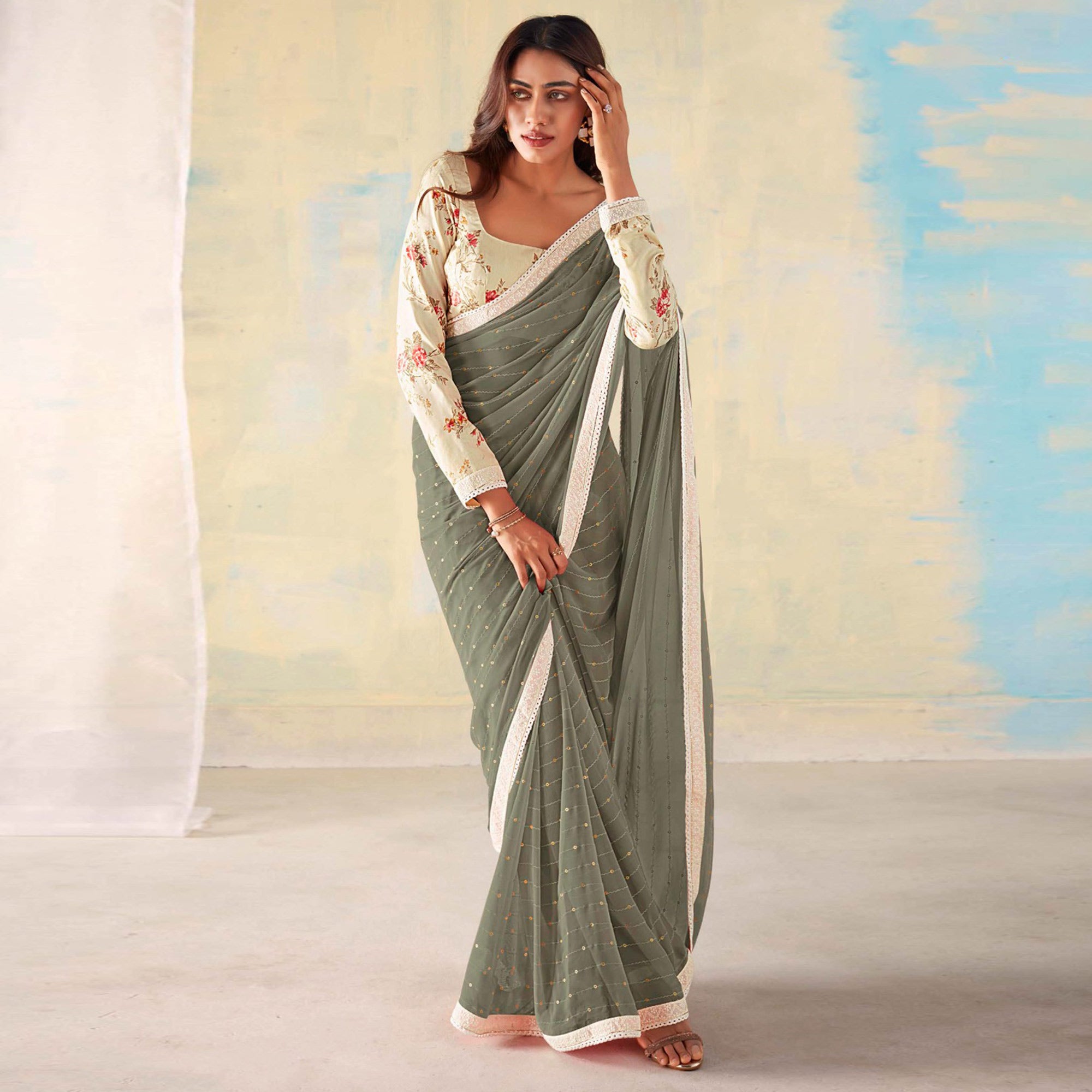 Grey Foil Printed Georgette Saree With Embroidered Border