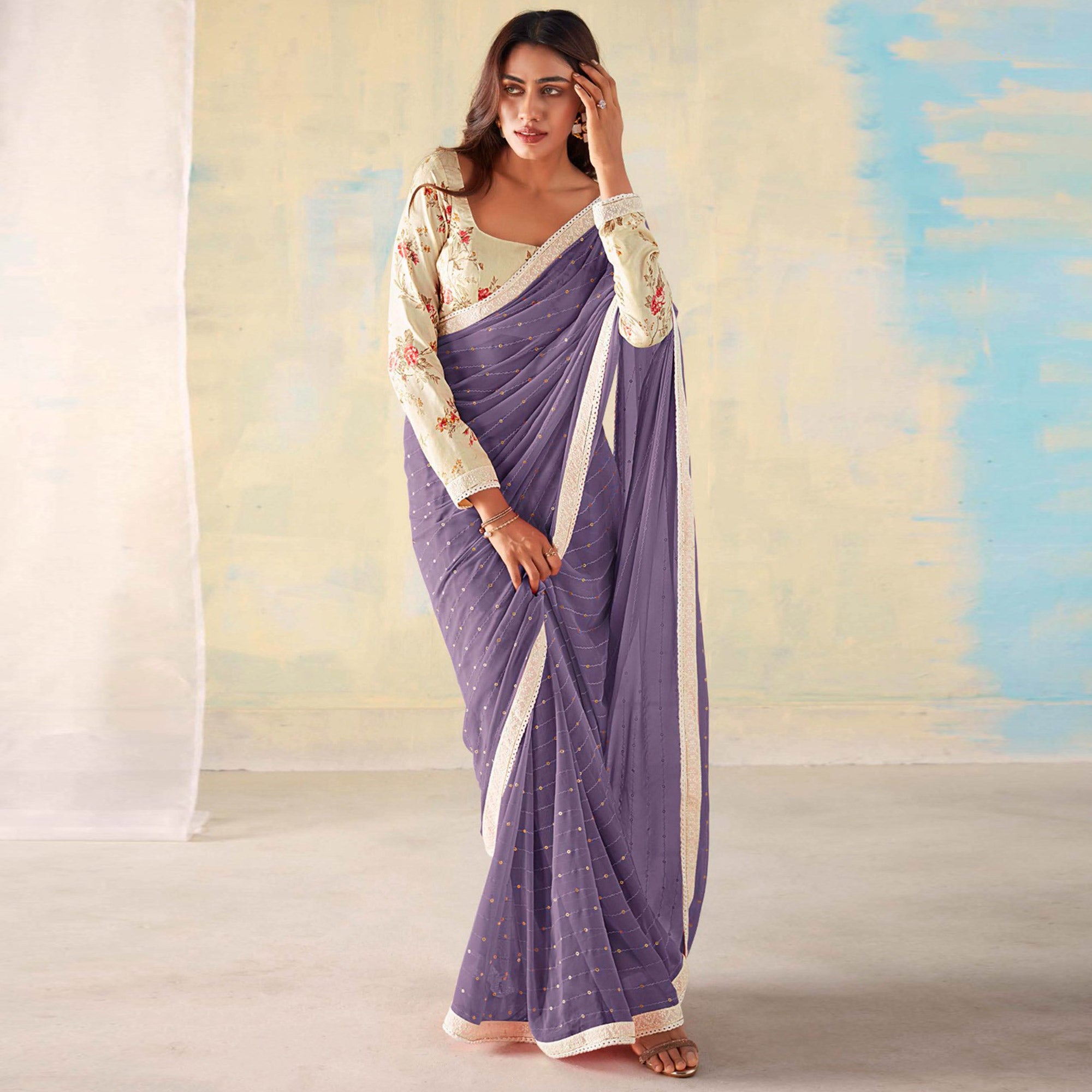 Purple Foil Printed Georgette Saree With Embroidered Border