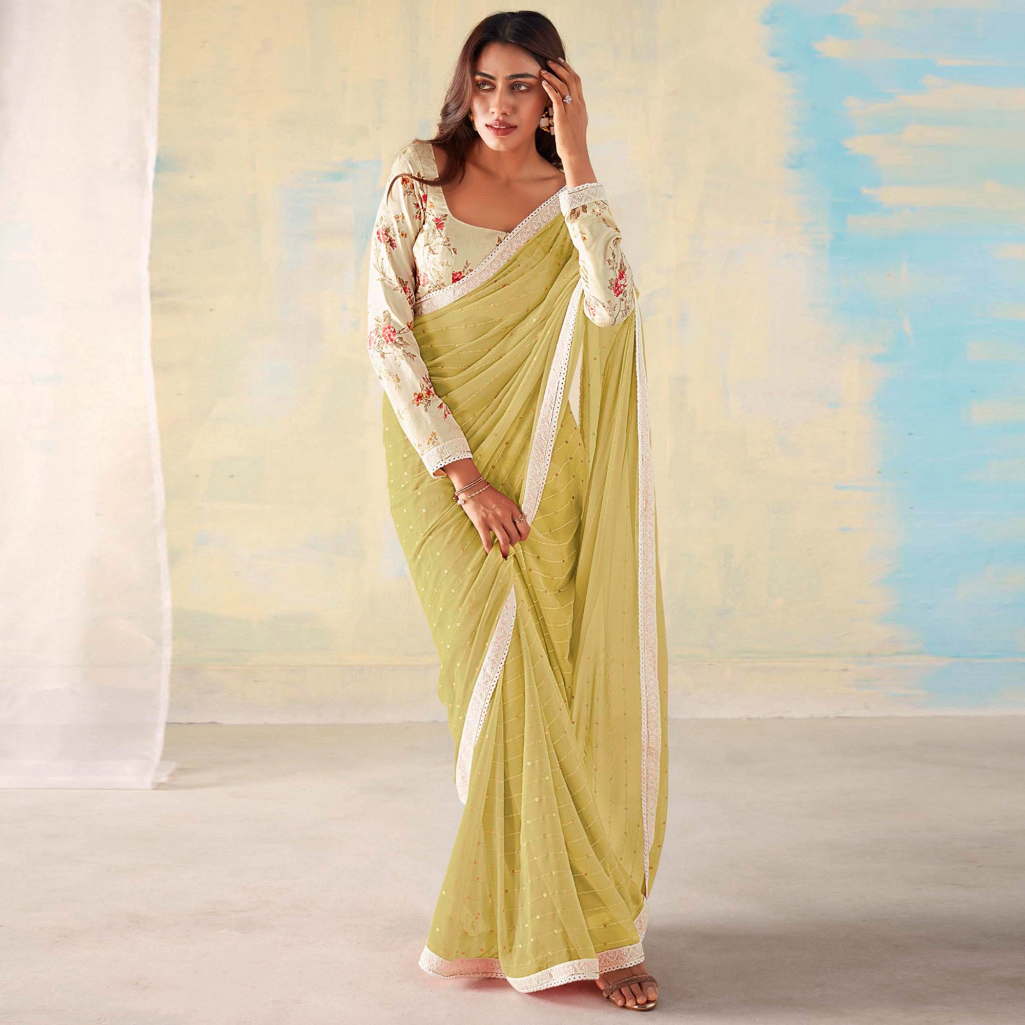 Lemon Yellow Foil Printed Georgette Saree With Embroidered Border