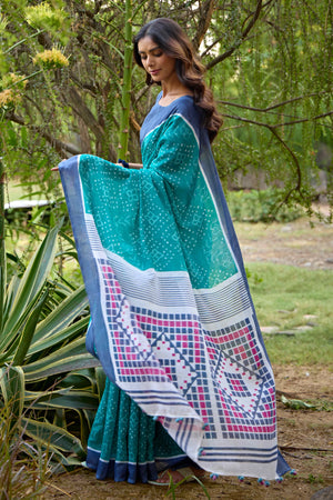 Rama Green Bandhani Printed Linen Saree