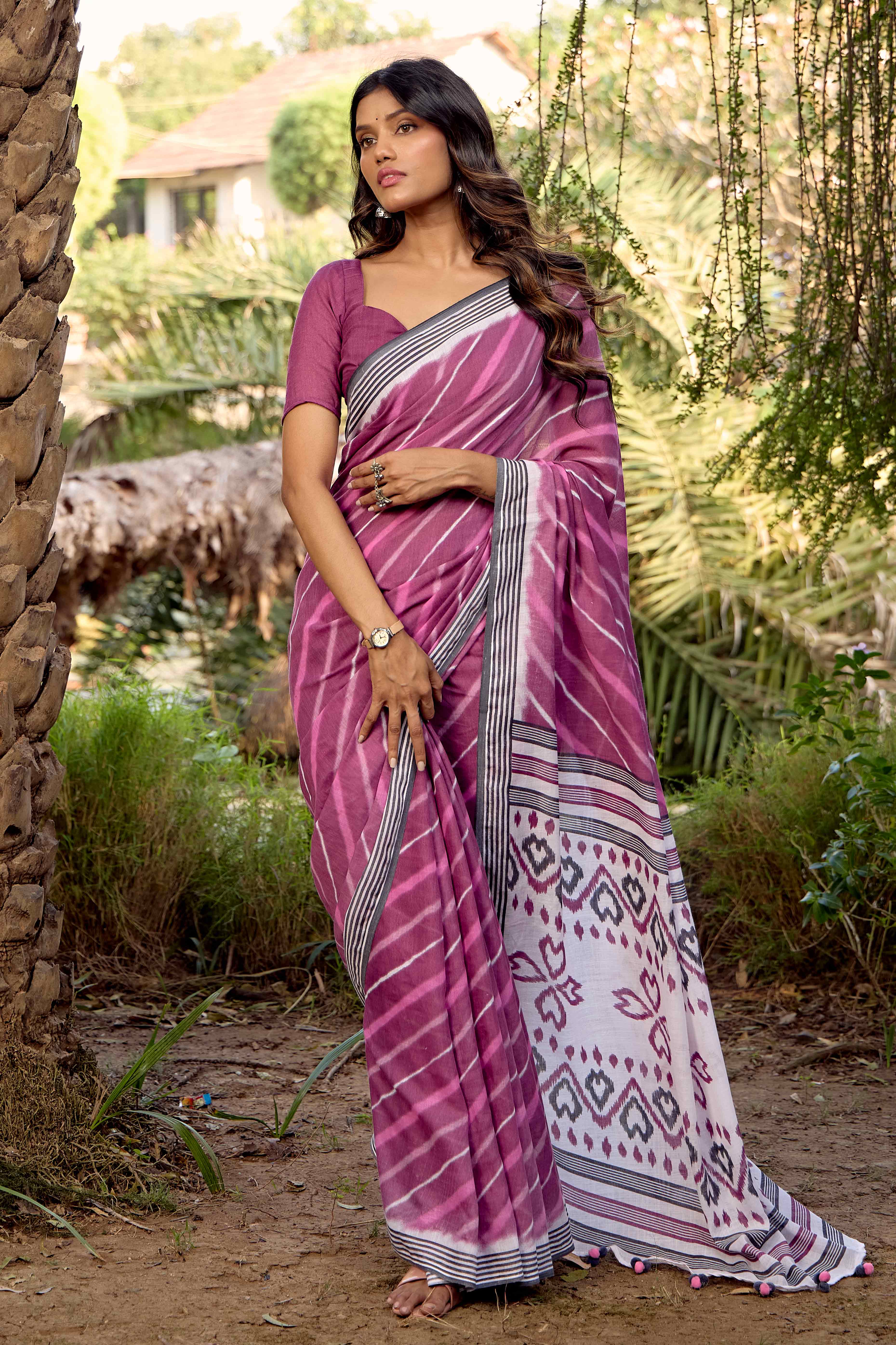 Mauve Leheriya Printed Linen Saree