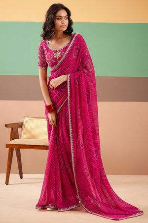 Charming Pink Bandhani Printed Georgette Saree Adorned With Intricate Cording Embroidered Border