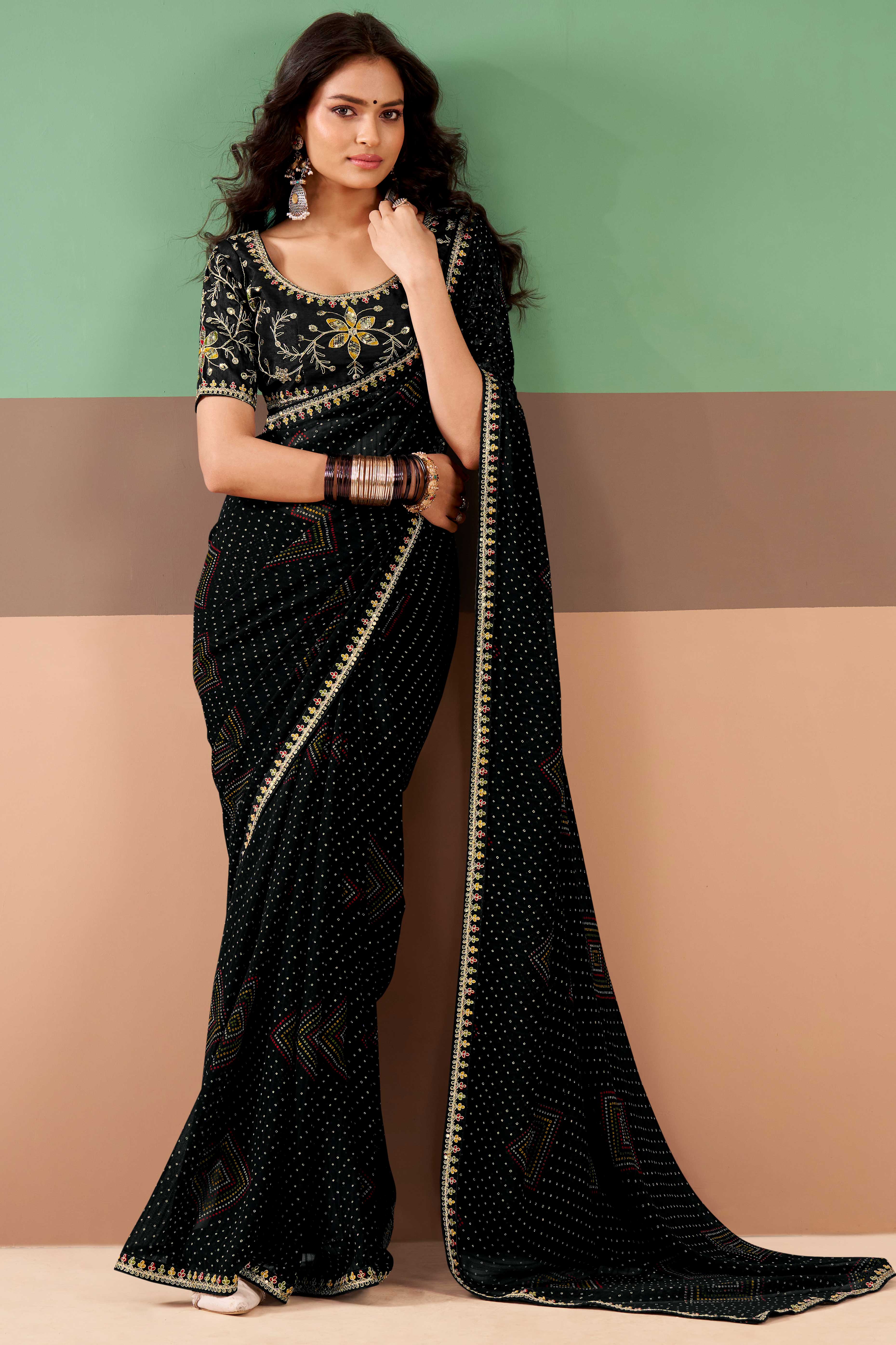 Charming Black Bandhani Printed Georgette Saree Adorned With Intricate Cording Embroidered Border