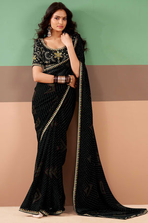 Charming Black Bandhani Printed Georgette Saree Adorned With Intricate Cording Embroidered Border