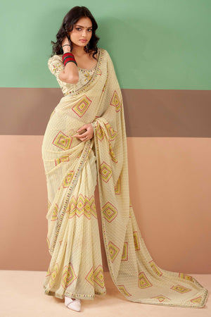 Charming Offwhite Bandhani Printed Georgette Saree Adorned With Cording Embroidered Border