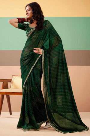 Charming Bottle Green Bandhani Printed Georgette Saree Adorned With Cording Embroidered Border