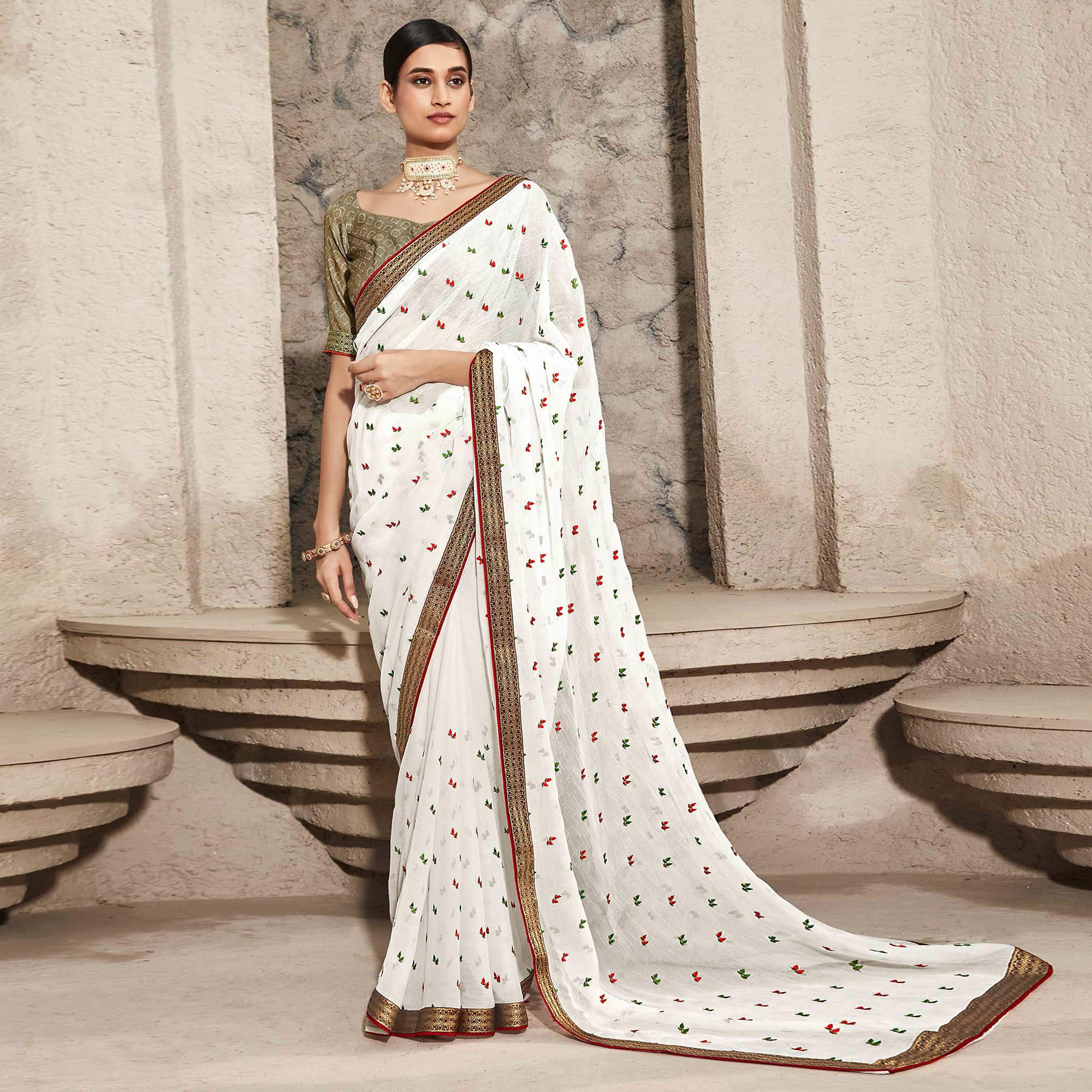 White Floral Embroidered Chiffon Saree