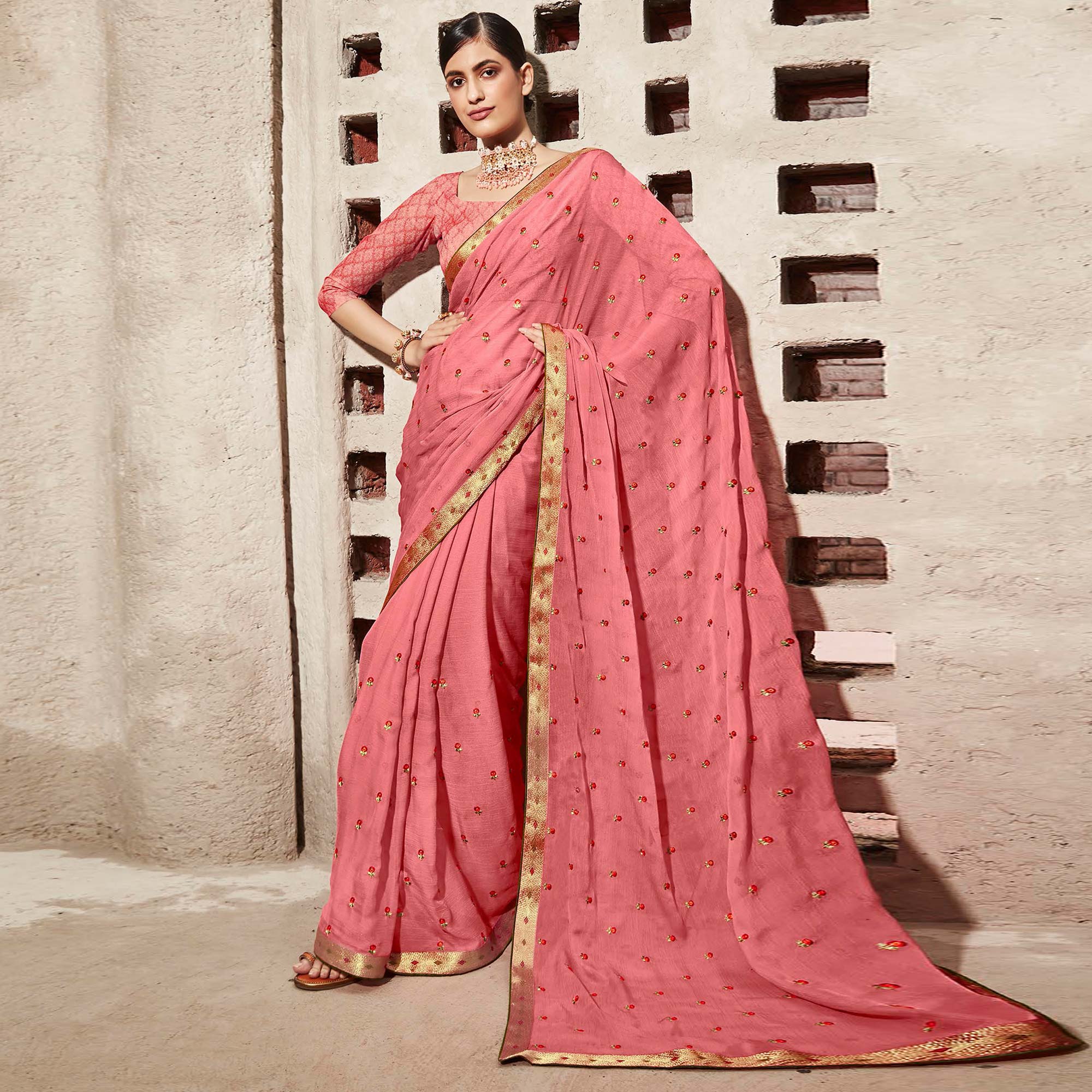 Peach Floral Embroidered Chiffon Saree
