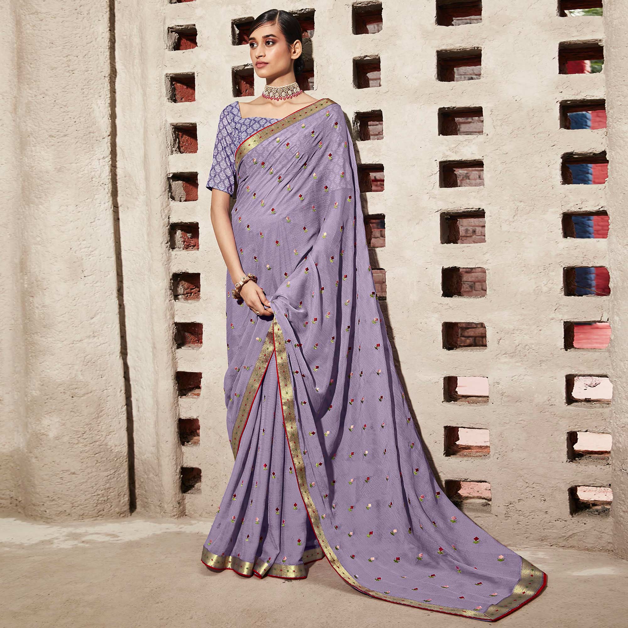 Light Purple Floral Embroidered Chiffon Saree