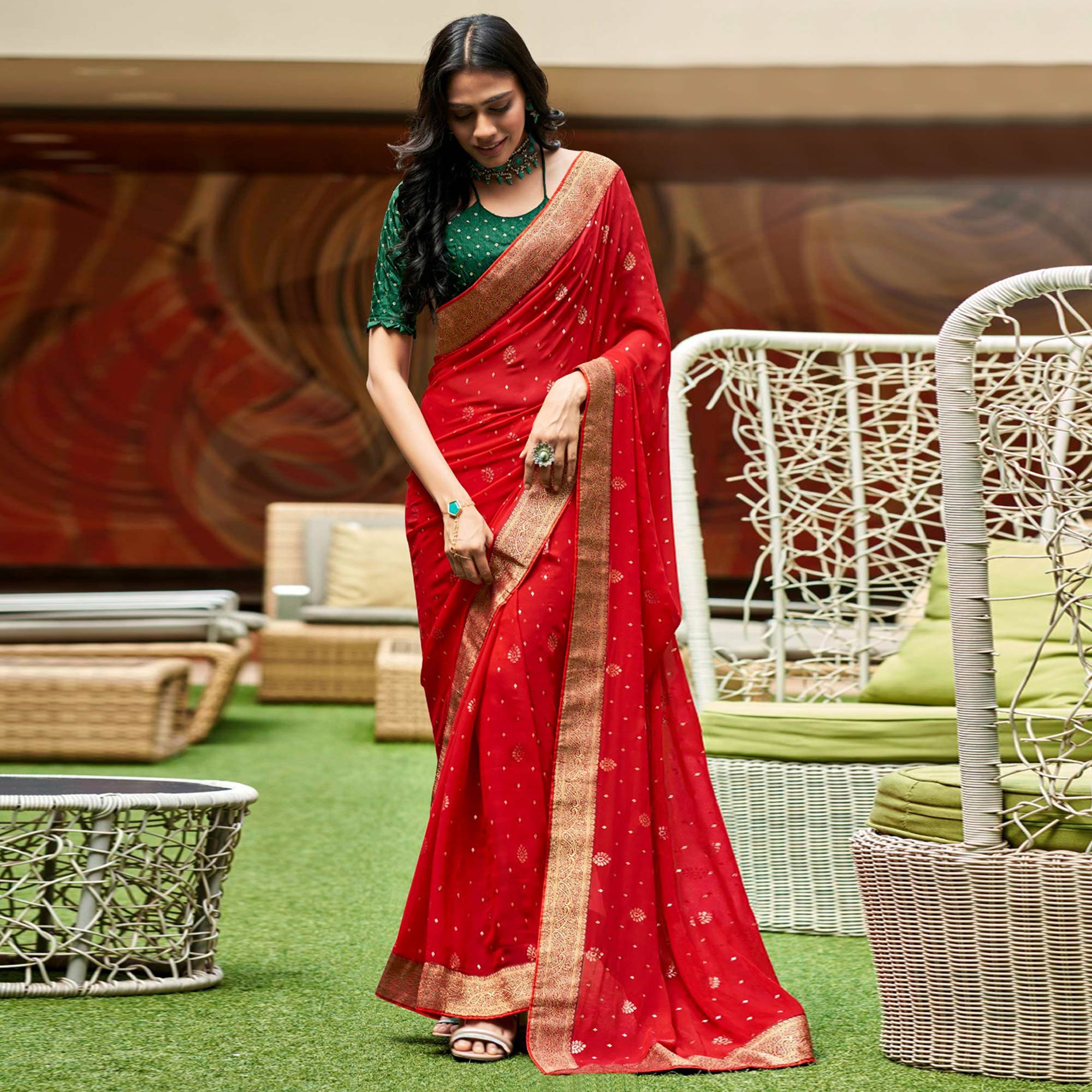 Red Foil Printed With Woven Border Georgette Saree
